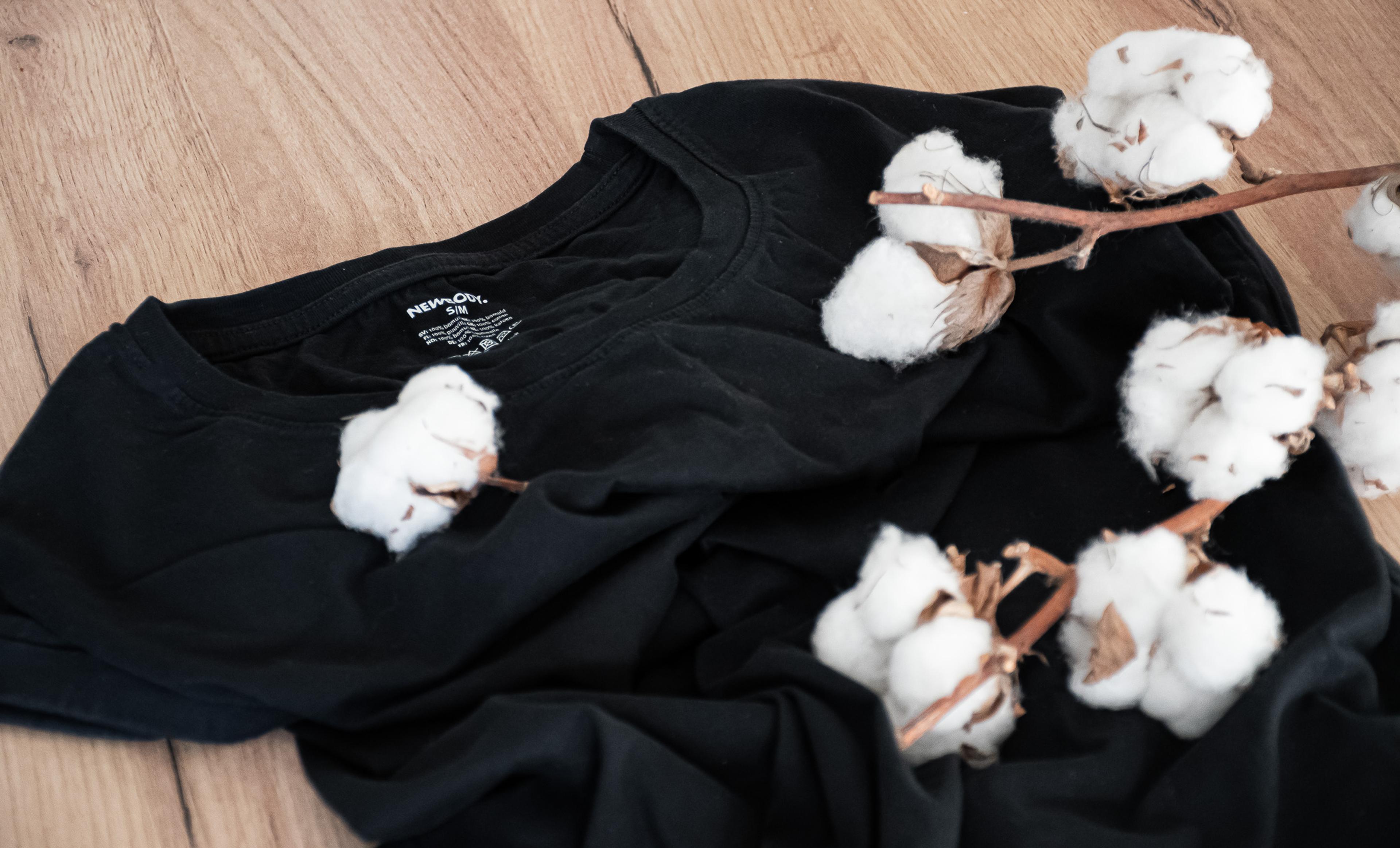 Svart, mjuk t-shirt i bomull ligger tillsammans med några bomullskvistar på ett ljust träunderlag.