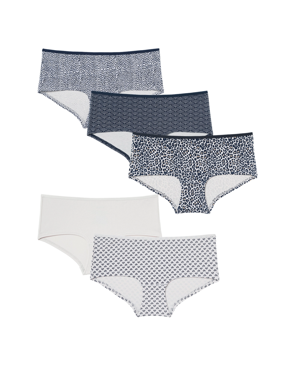 Fem hipster-trosor i olika mönster och färger, främst i blått och vitt, med prickar, vågmönster och leopardmönster. En enkel och bekväm modell utan synliga sömmar.