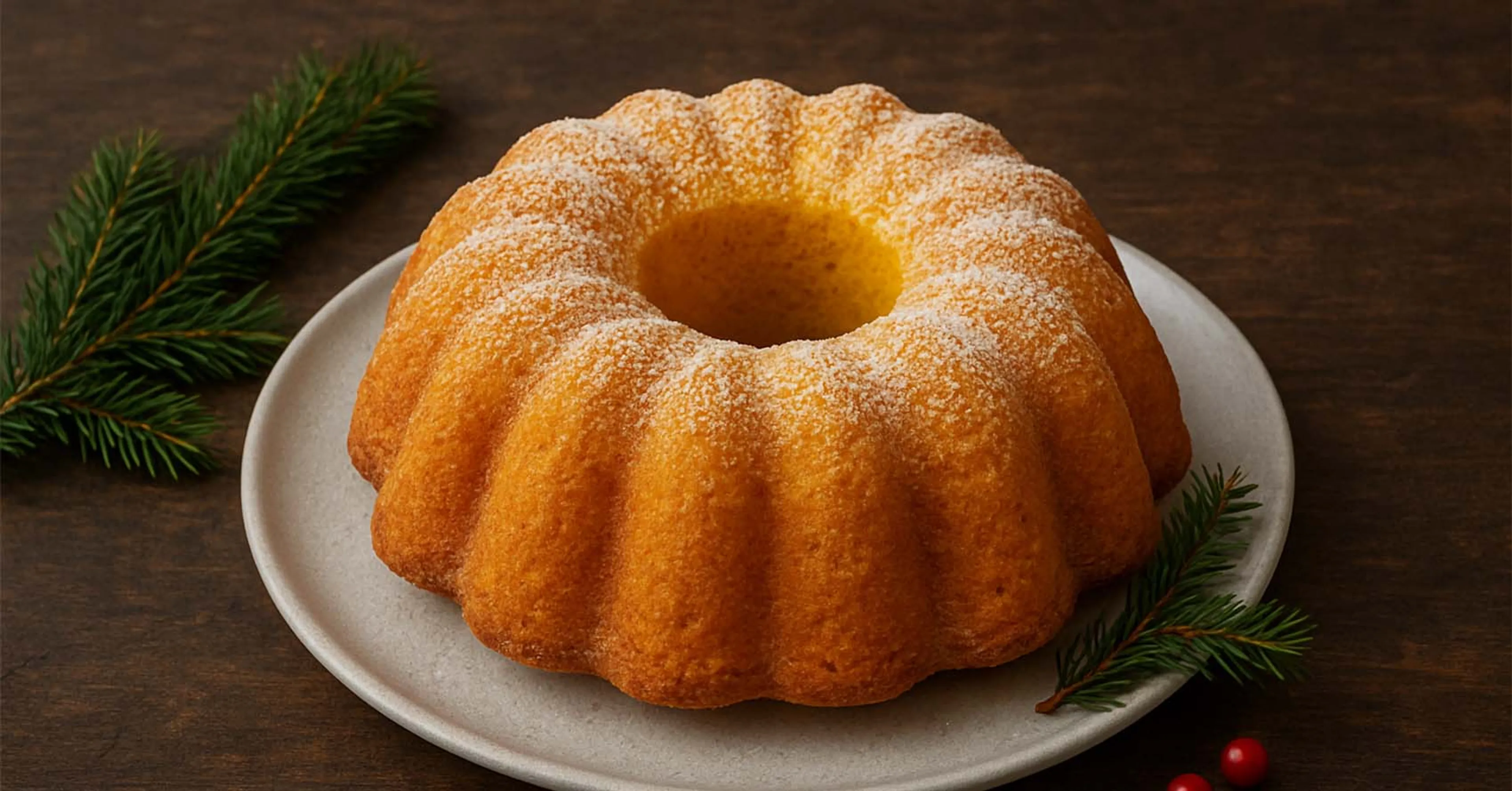 En saftig saffranskaka med en gyllene yta, pudrad med florsocker. Dekorerad med granris, röda kulor och en glittrande snöflinga för en julig känsla.