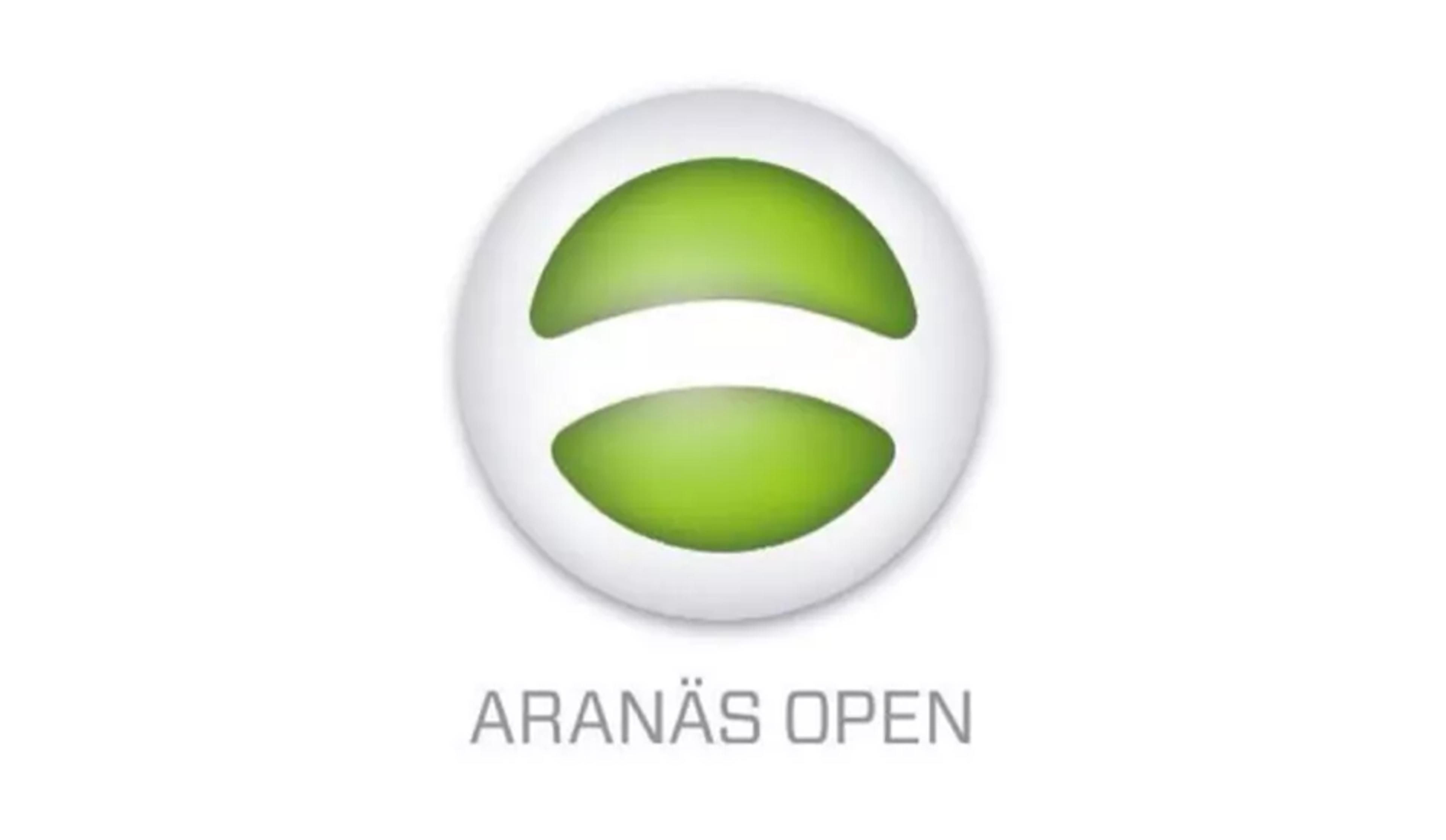 En rund logotyp med två gröna, bågformade figurer i en vit cirkel och texten "ARANÄS OPEN" under. Enkel och modern design med en fräsch grön nyans.