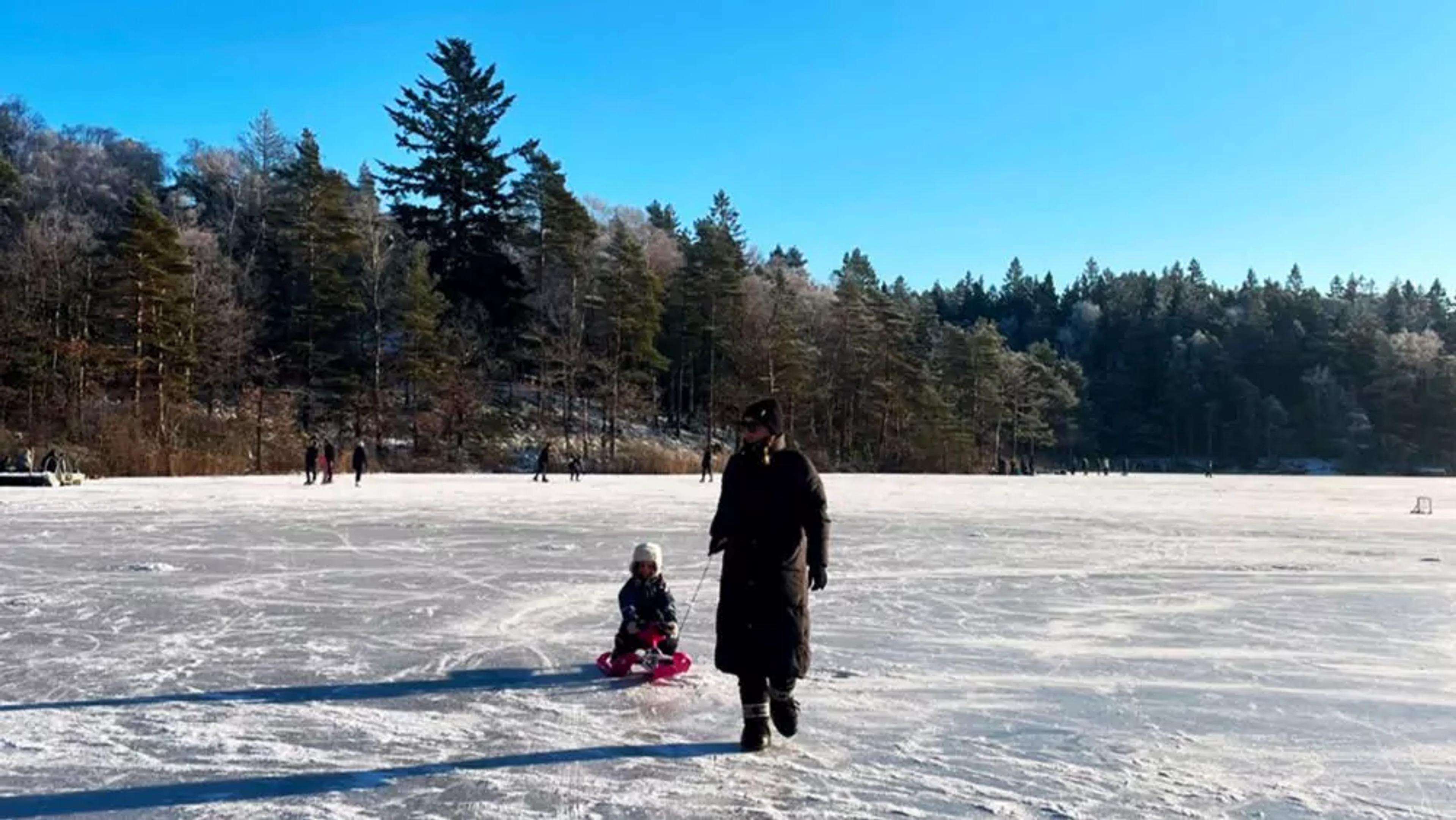 En person går medan ett barn sitter på en röd snowracer på en isig yta omgiven av vinterklädda träd under en klarblå himmel. Andra människor syns i bakgrunden på isen.