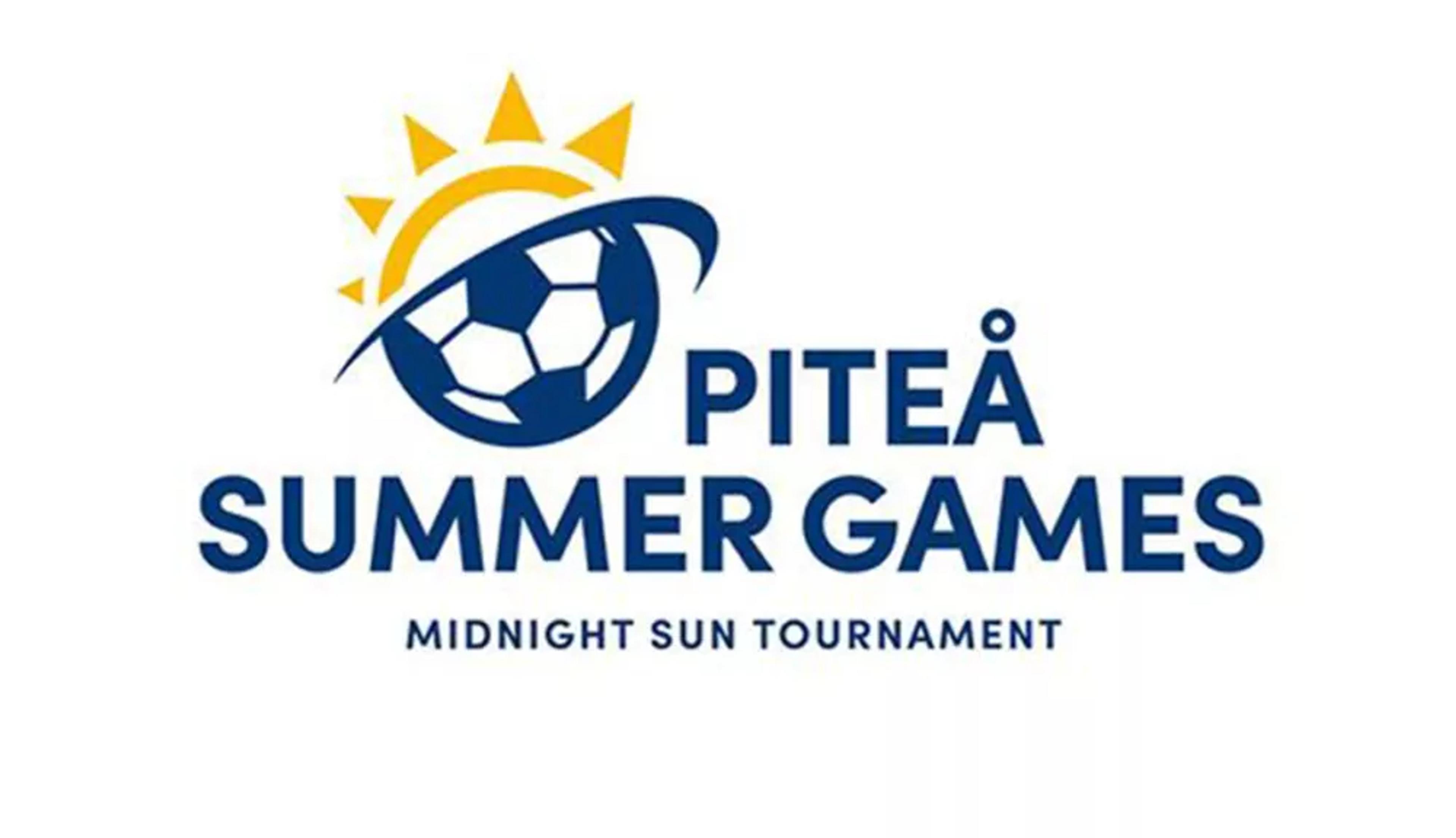 Logotyp med en sol och en fotboll, med texten "Piteå Summer Games" och "Midnight Sun Tournament" under.