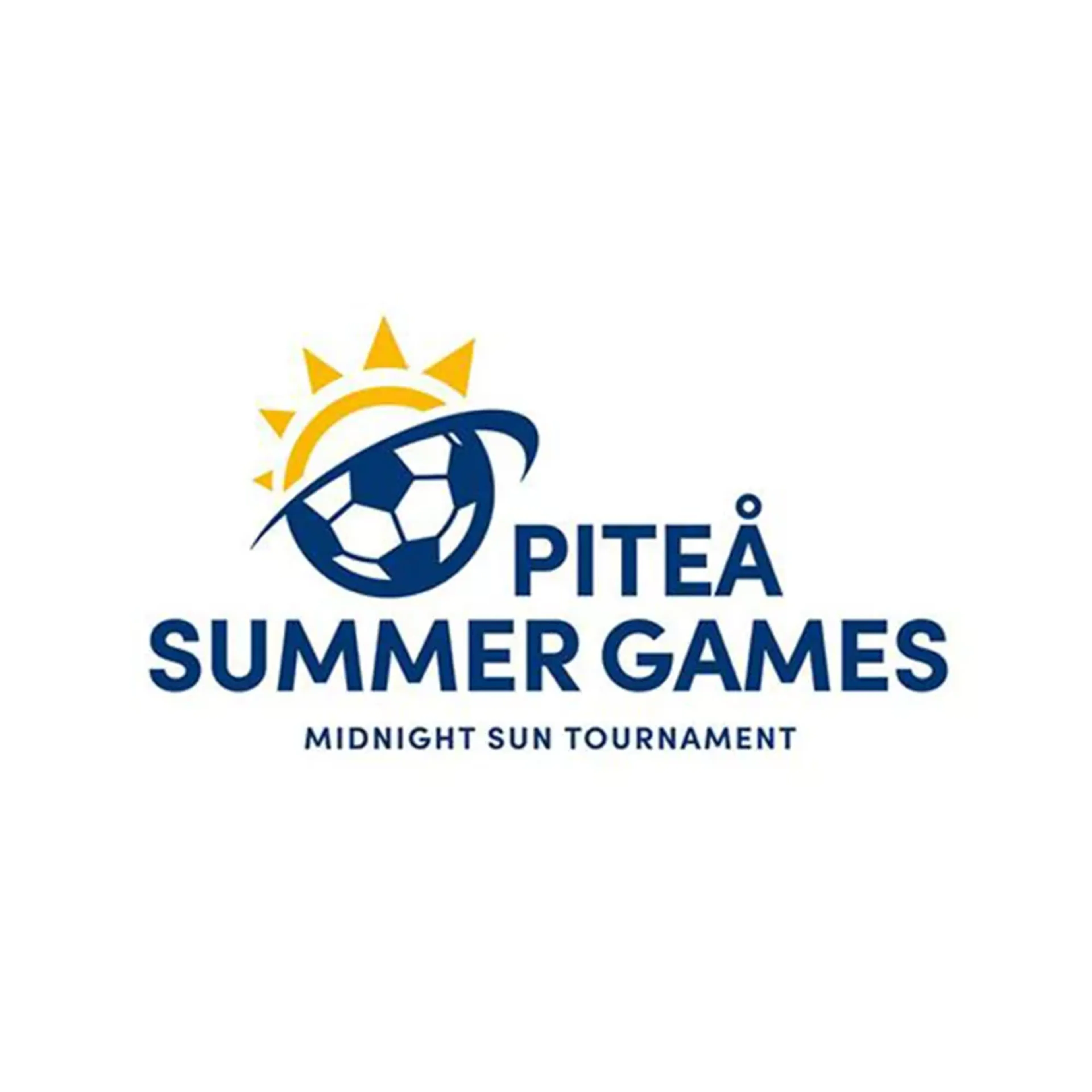 Logotyp med en sol och en fotboll, med texten "Piteå Summer Games" och "Midnight Sun Tournament" under.