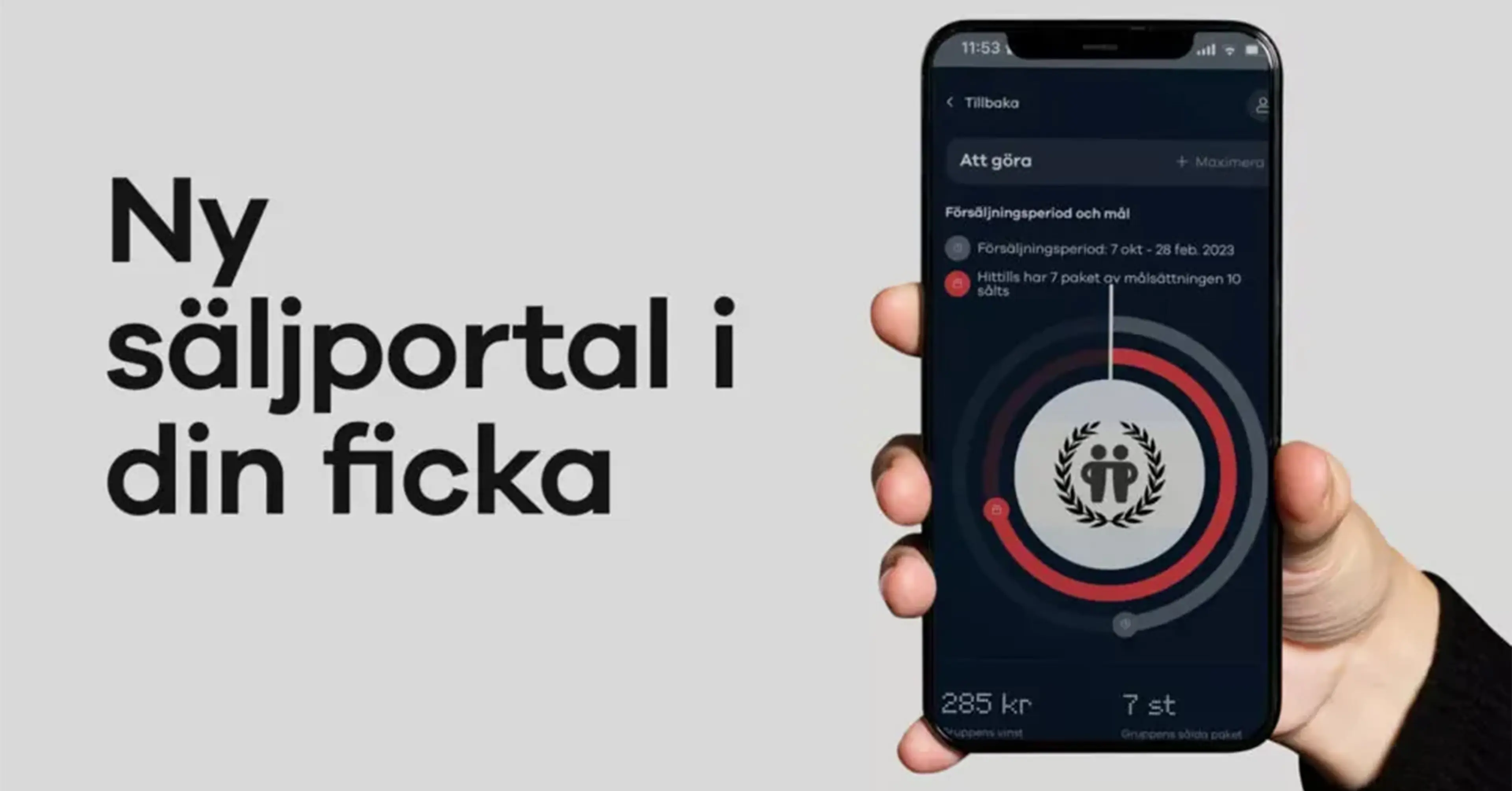 En hand håller en smartphone som visar en säljsida med försäljningsperiod, mål och en cirkeldiagram över försäljningen. Text bredvid telefonen lyder “Ny säljportal i din ficka.”