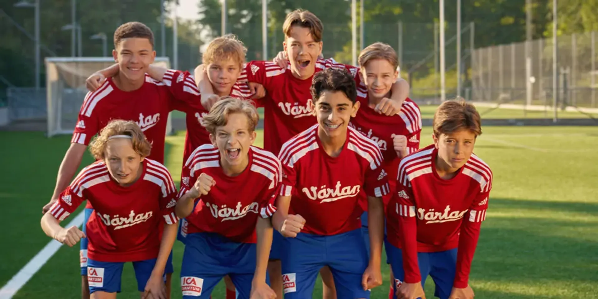 Åtta pojkar i matchkläder med röda tröjor och blå shorts står tillsammans på en fotbollsplan. De ser glada och peppade ut inför spelet.