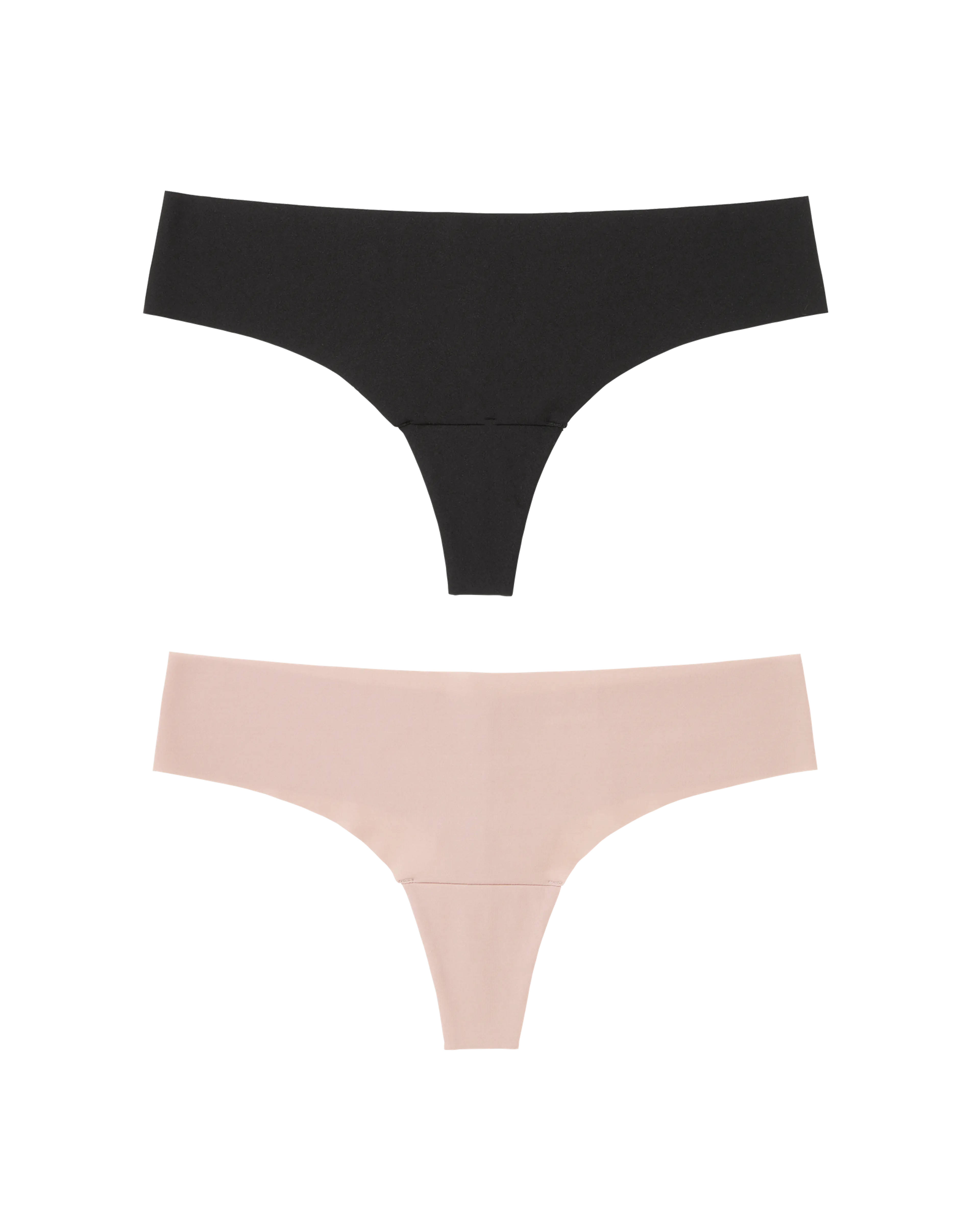 Två sömlösa trosor i svart och ljusrosa med smal trosa baktill för en osynlig passform under kläder.