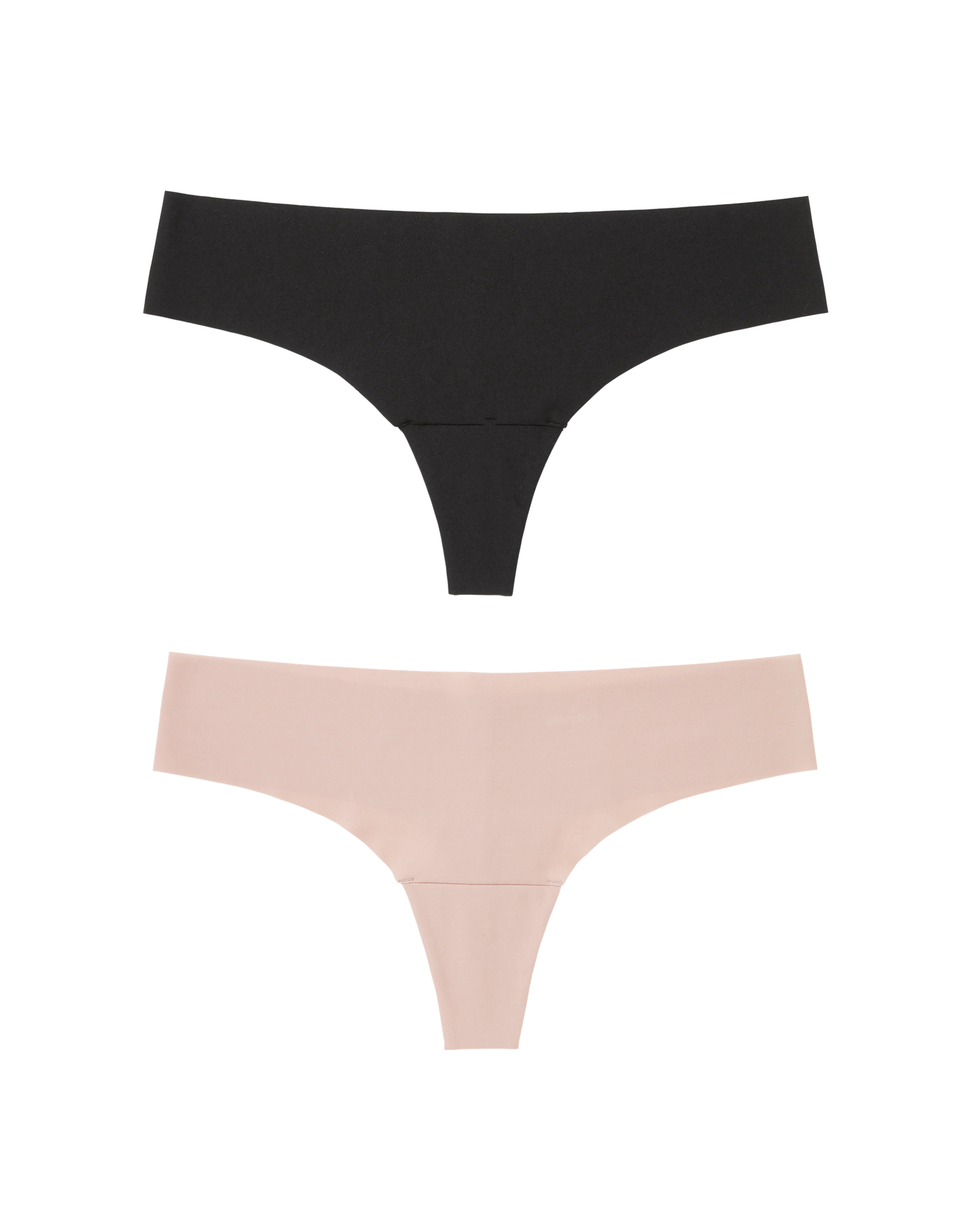 Två sömlösa trosor i svart och ljusrosa med smal trosa baktill för en osynlig passform under kläder.
