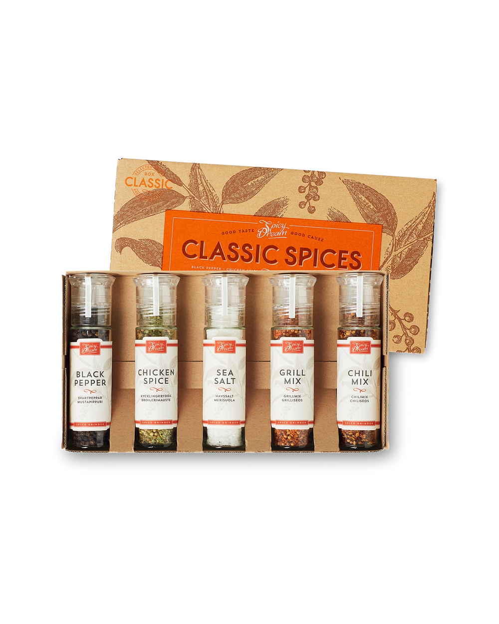 Fem kryddgrindare med svartpeppar, kycklingkrydda, havssalt, grillmix och chilimix i en förpackning med naturfärgad design och orange etikett.
