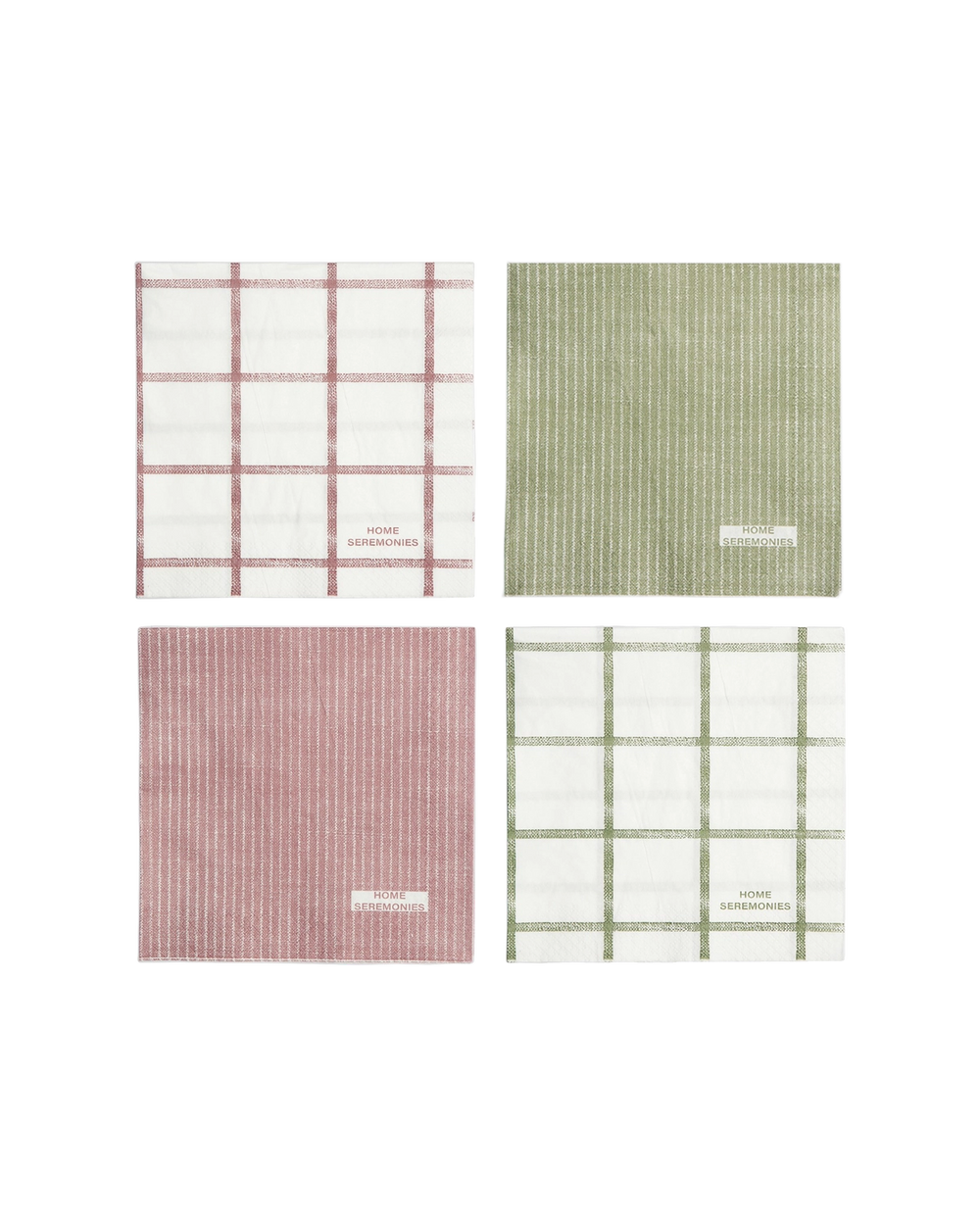 Fyra servetter i två olika färger; två med rutmönster i rött och grönt, och två med smala ränder i samma färger, alla med texten "Home Seremonies".