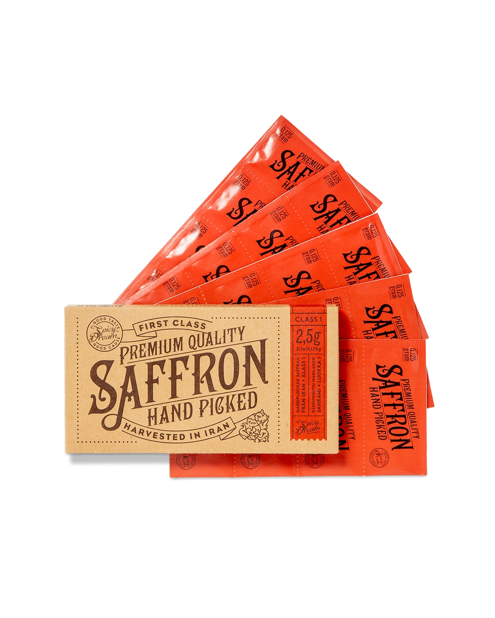 En förpackning med handplockad saffran av premiumkvalitet, innehållande flera små röda påsar med kryddan.