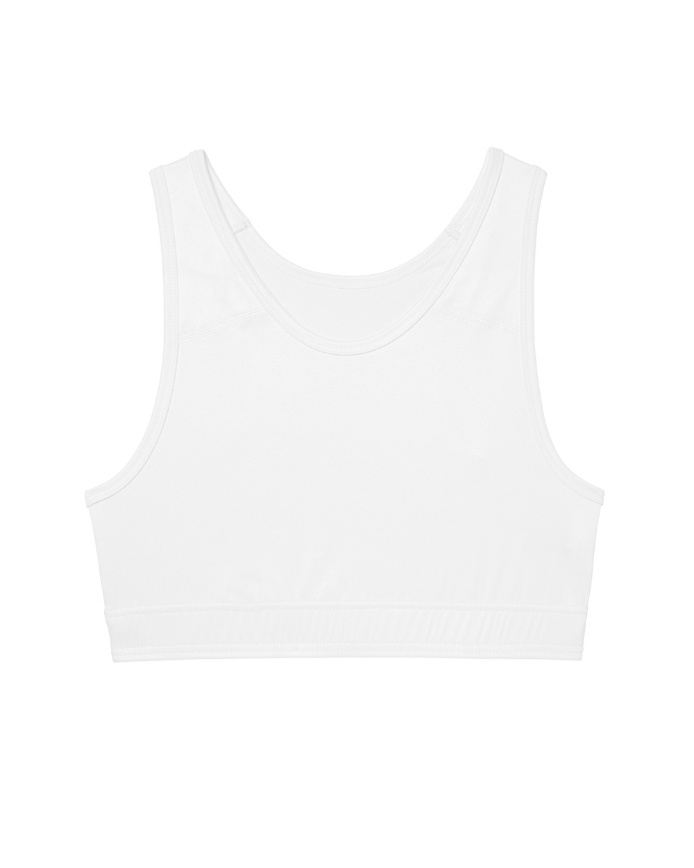 En enkel sport-bh i vitt med breda axelband och elastisk kant för bra stöd och komfort vid träning.