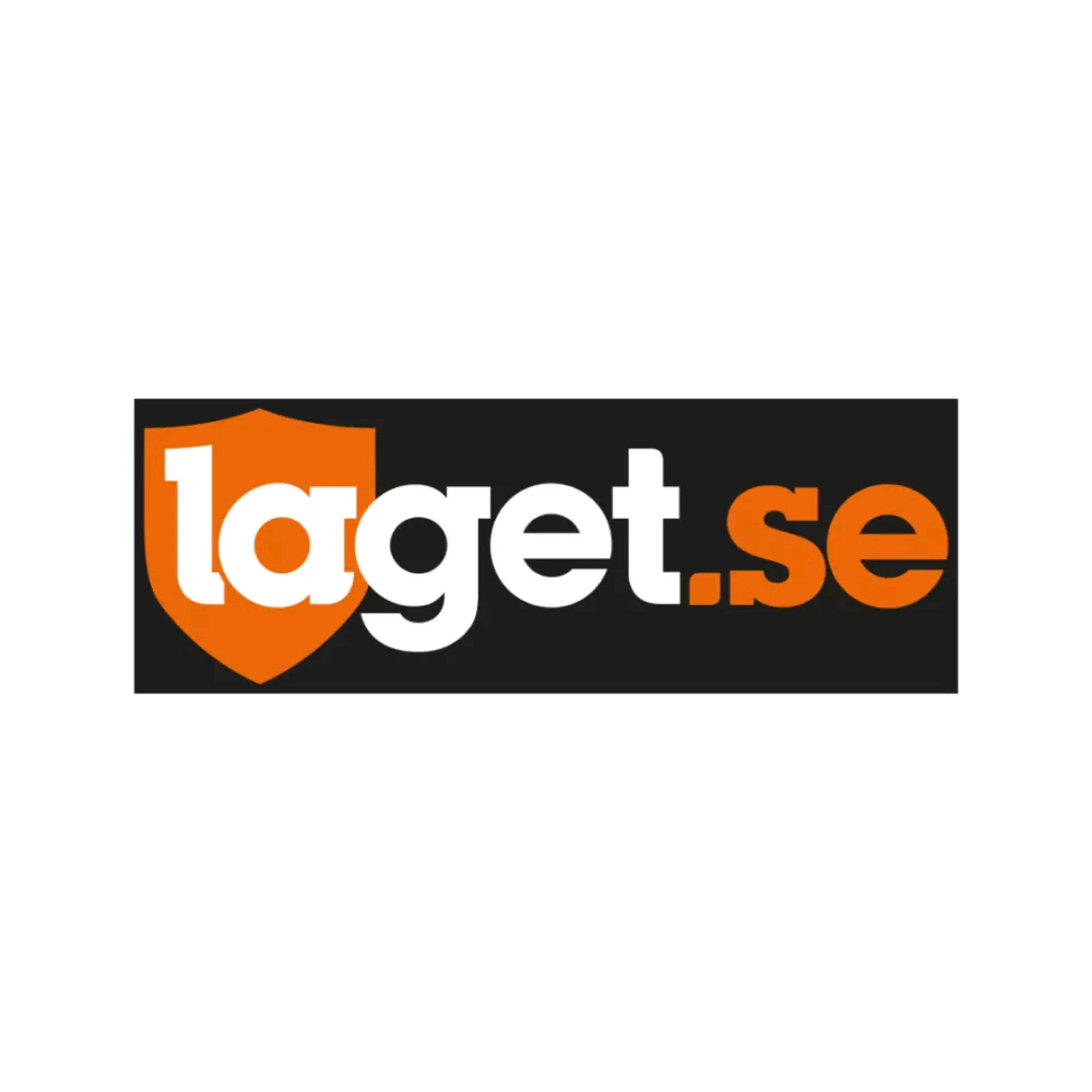 Texten "laget.se" i vitt och orange finns mot en svart bakgrund med en orange sköld bakom bokstaven "l".