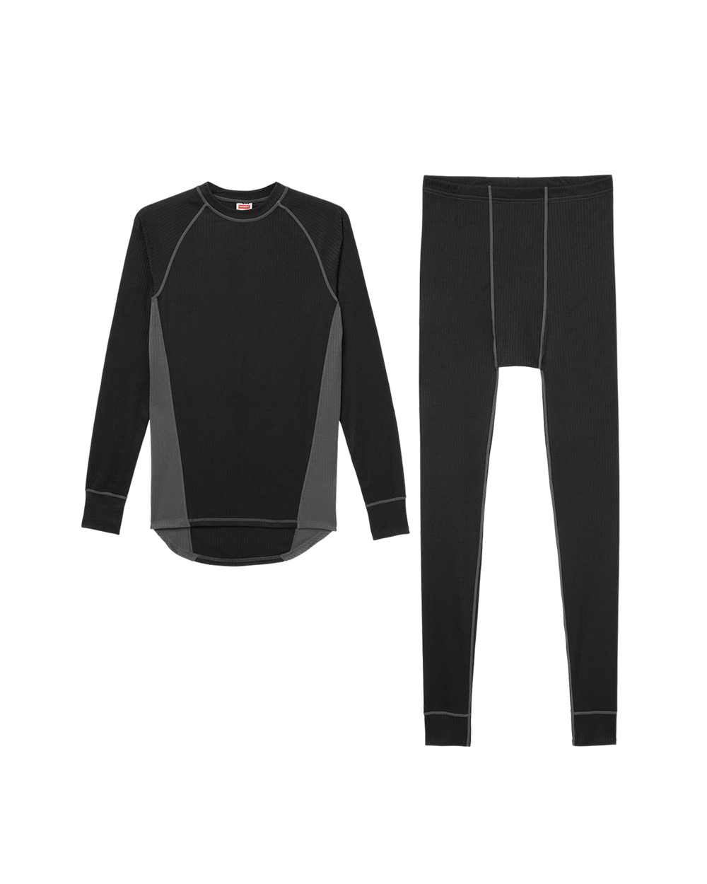 Svart underställsset med långärmad topp och byxor i ribbad, mjuk design med grå detaljer längs sidorna och sömmarna.