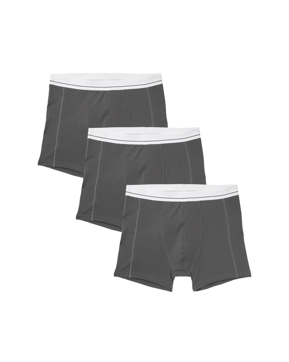 Tre mörkgrå boxerkalsonger med vit resårkant och diskreta sömmar, i en bekväm och enkel design.
