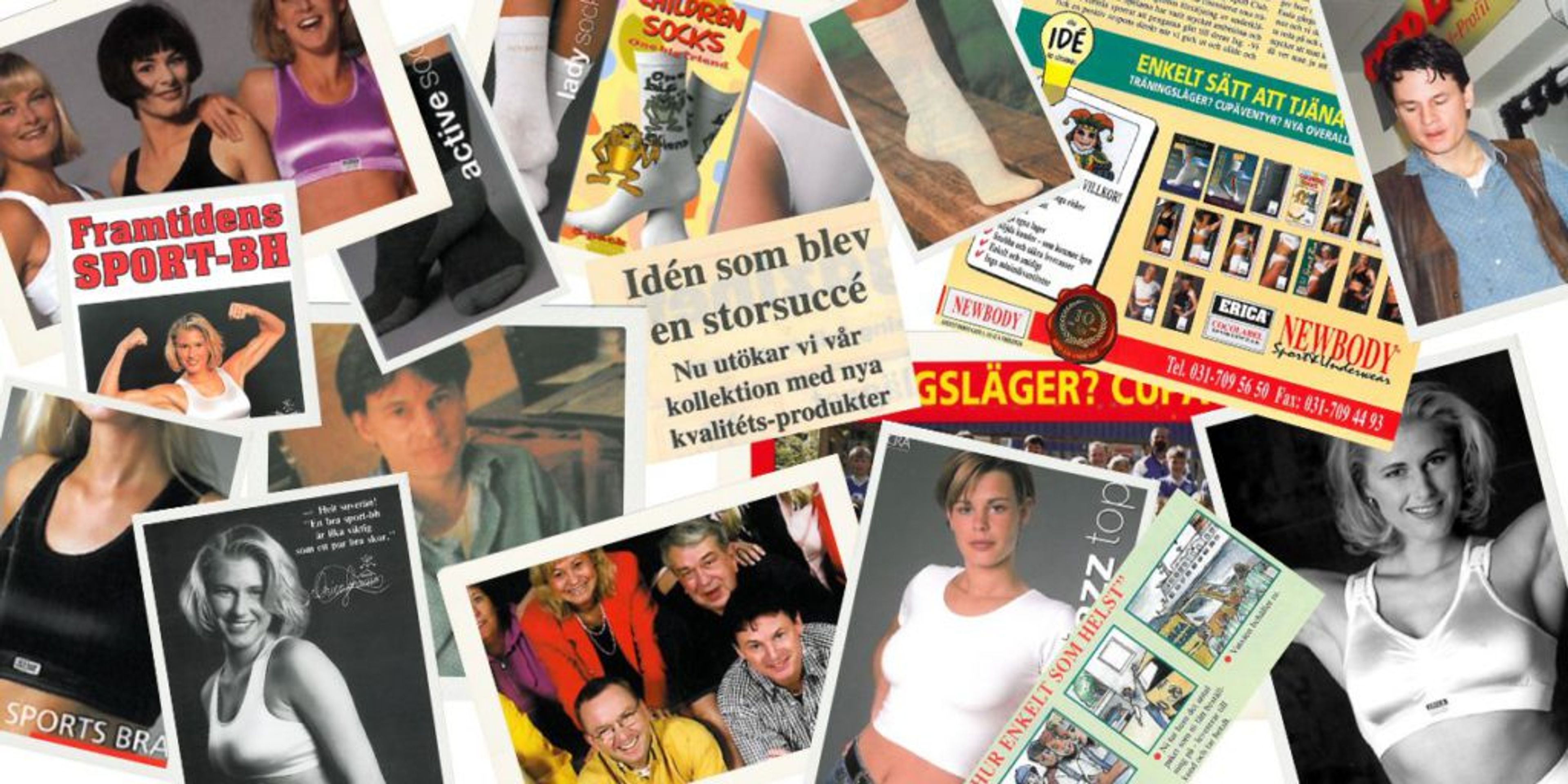 Ett kollage med bilder och tidningsurklipp som visar sport-bh:ar, strumpor och reklammaterial från olika år. Fotografier av personer i sportkläder och text om en idé som blev en framgång.