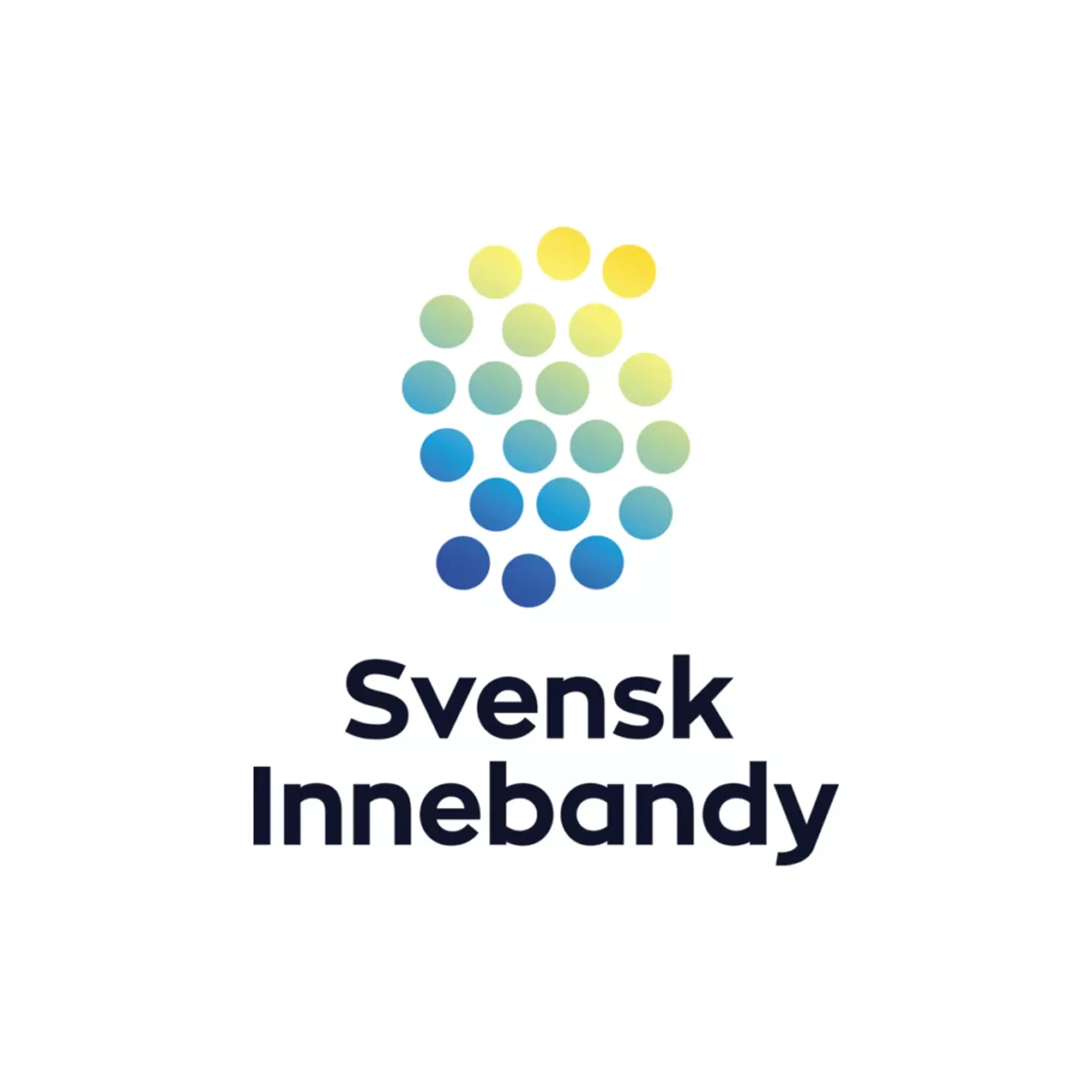 En logotyp bestående av färgglada cirklar i blått, grönt och gult som bildar ett mönster ovanför texten "Svensk Innebandy".