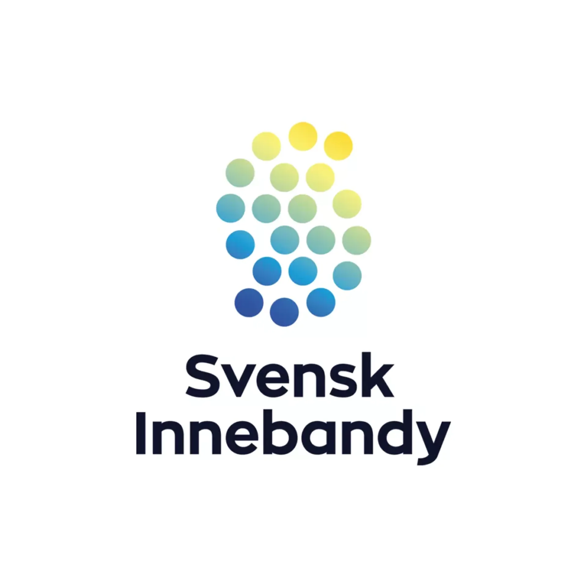 En logotyp bestående av färgglada cirklar i blått, grönt och gult som bildar ett mönster ovanför texten "Svensk Innebandy".