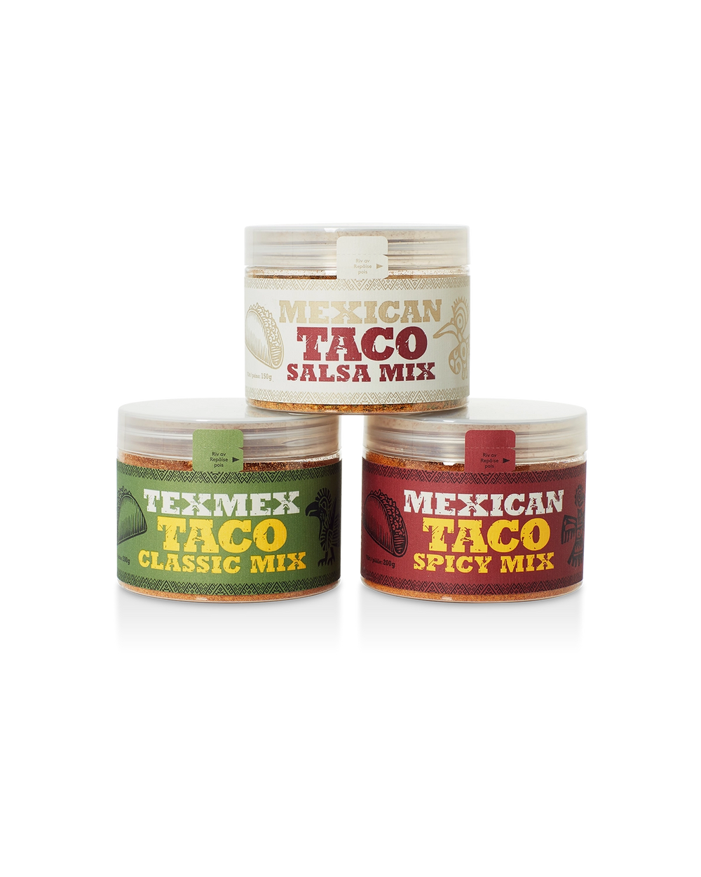 Tre burkar med kryddblandningar för tacos, en med texmex classic mix i grön etikett, en med mexican taco spicy mix i röd etikett och en med mexican taco salsa mix i beige etikett.