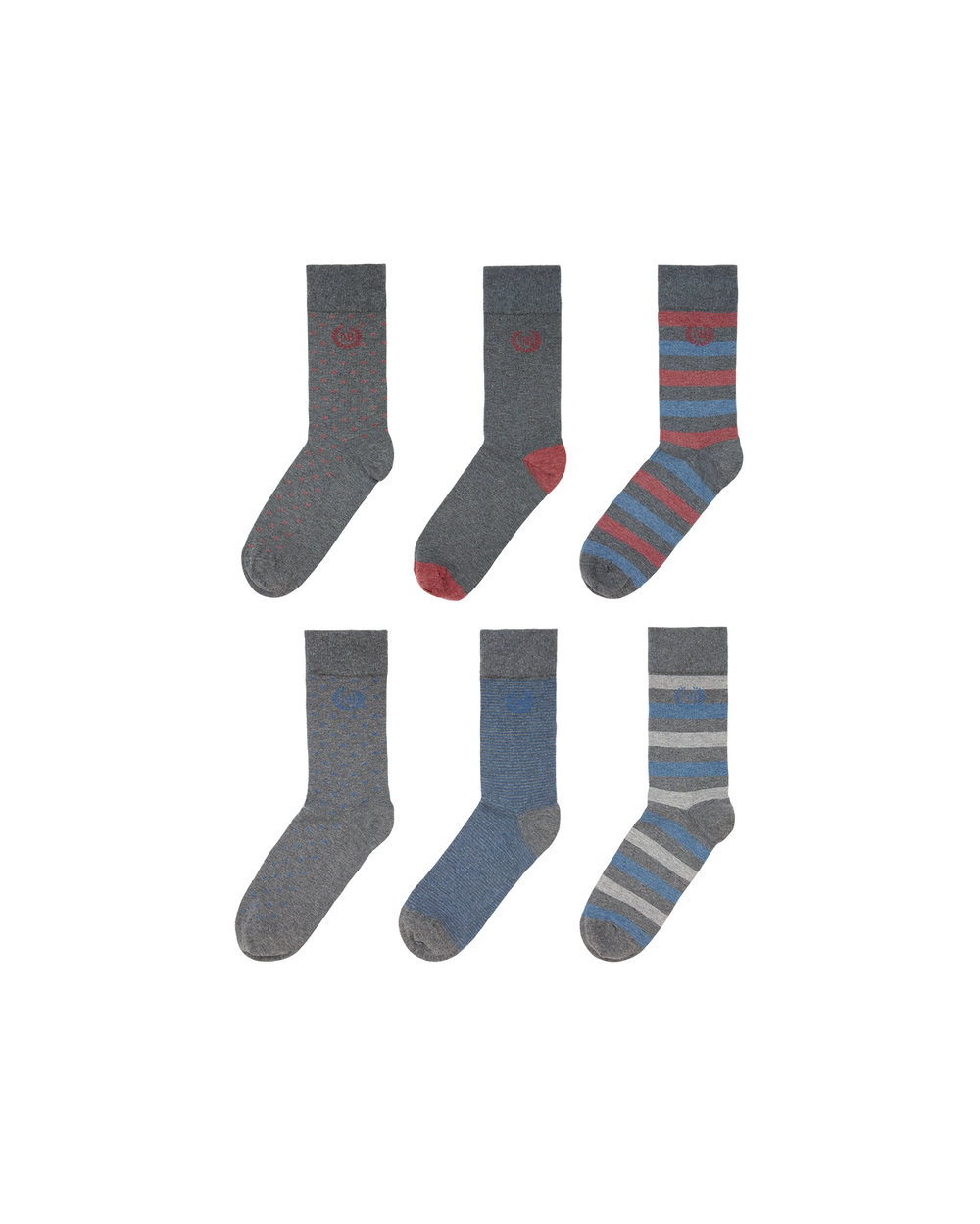 Sex par strumpor i grått och blått med mönster av prickar och ränder, några med kontrasterande röda detaljer. Alla har en klassisk och tidlös design.