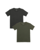 Två enkla t-shirts i mjuk, melerad bomull – en mörkgrå och en olivgrön, båda med korta ärmar och rund halsringning.