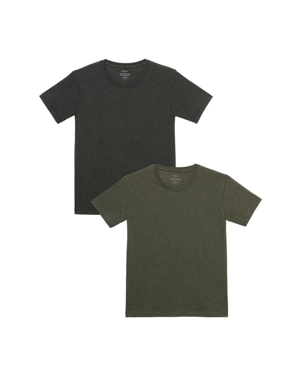 Två enkla t-shirts i mjuk, melerad bomull – en mörkgrå och en olivgrön, båda med korta ärmar och rund halsringning.