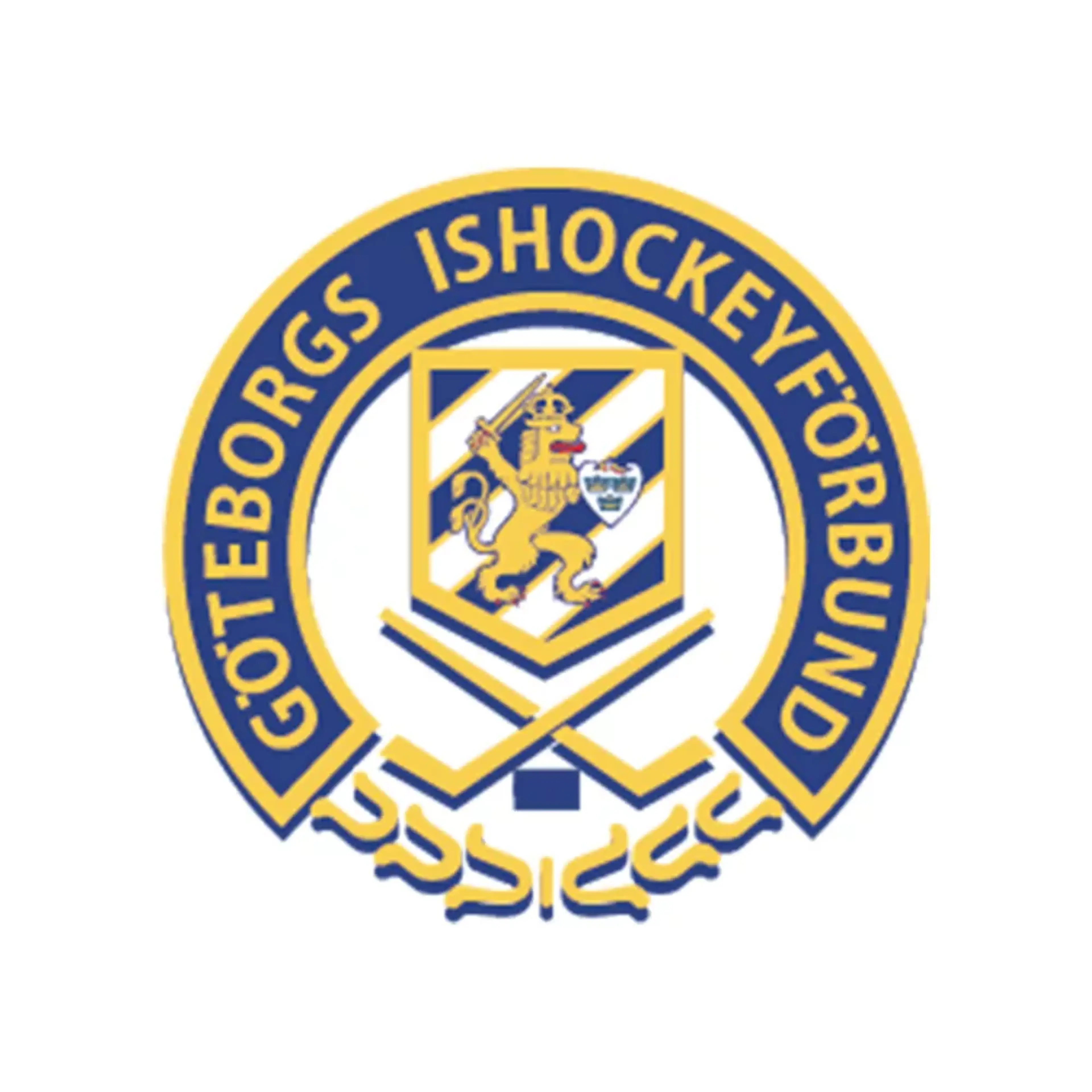 En rund logga med texten "Göteborgs Ishockeyförbund" i blått och gult, med två korslagda ishockeyklubbor och en lejonfigur i mitten.