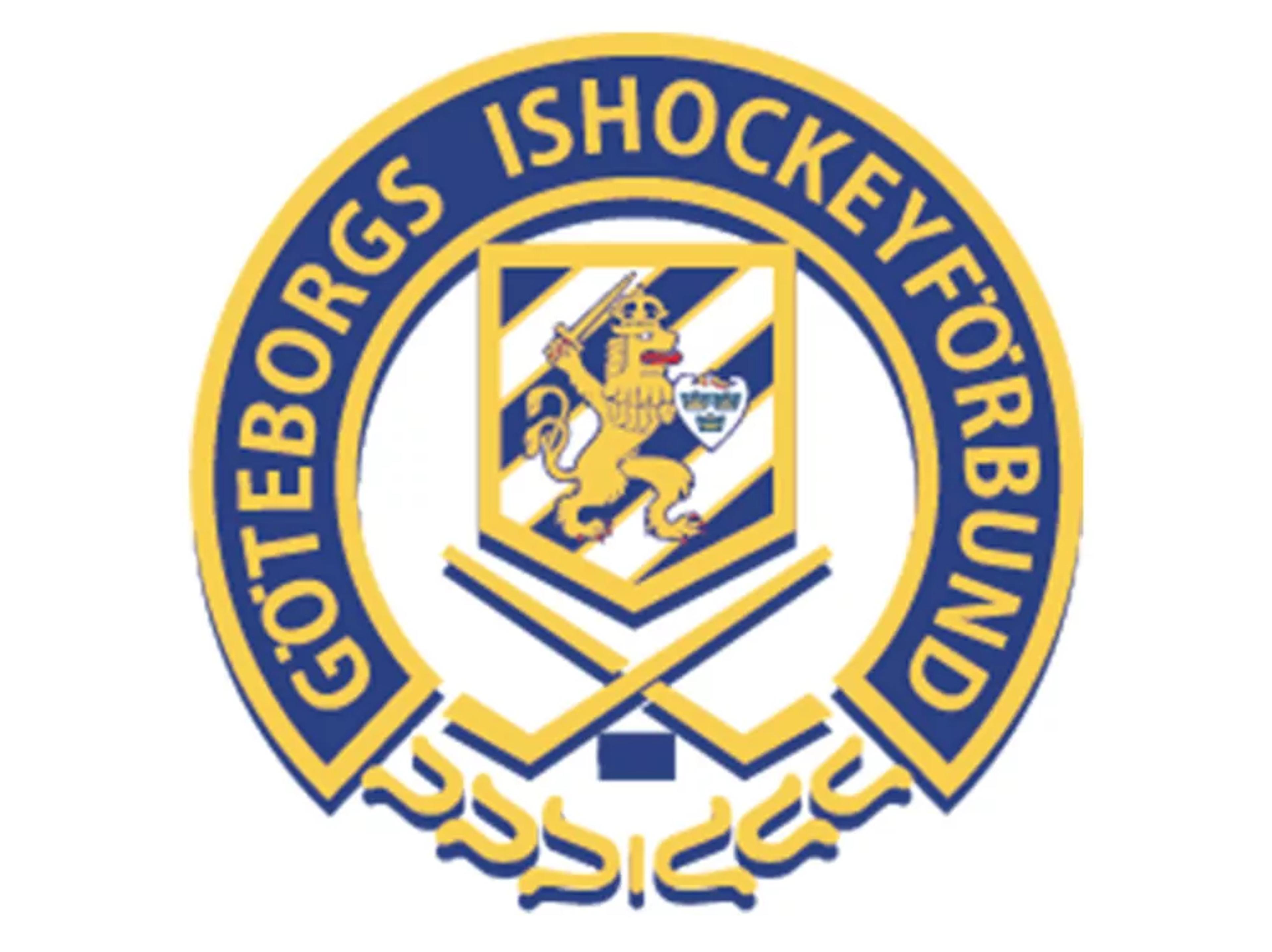 En rund logga med texten "Göteborgs Ishockeyförbund" i blått och gult, med två korslagda ishockeyklubbor och en lejonfigur i mitten.