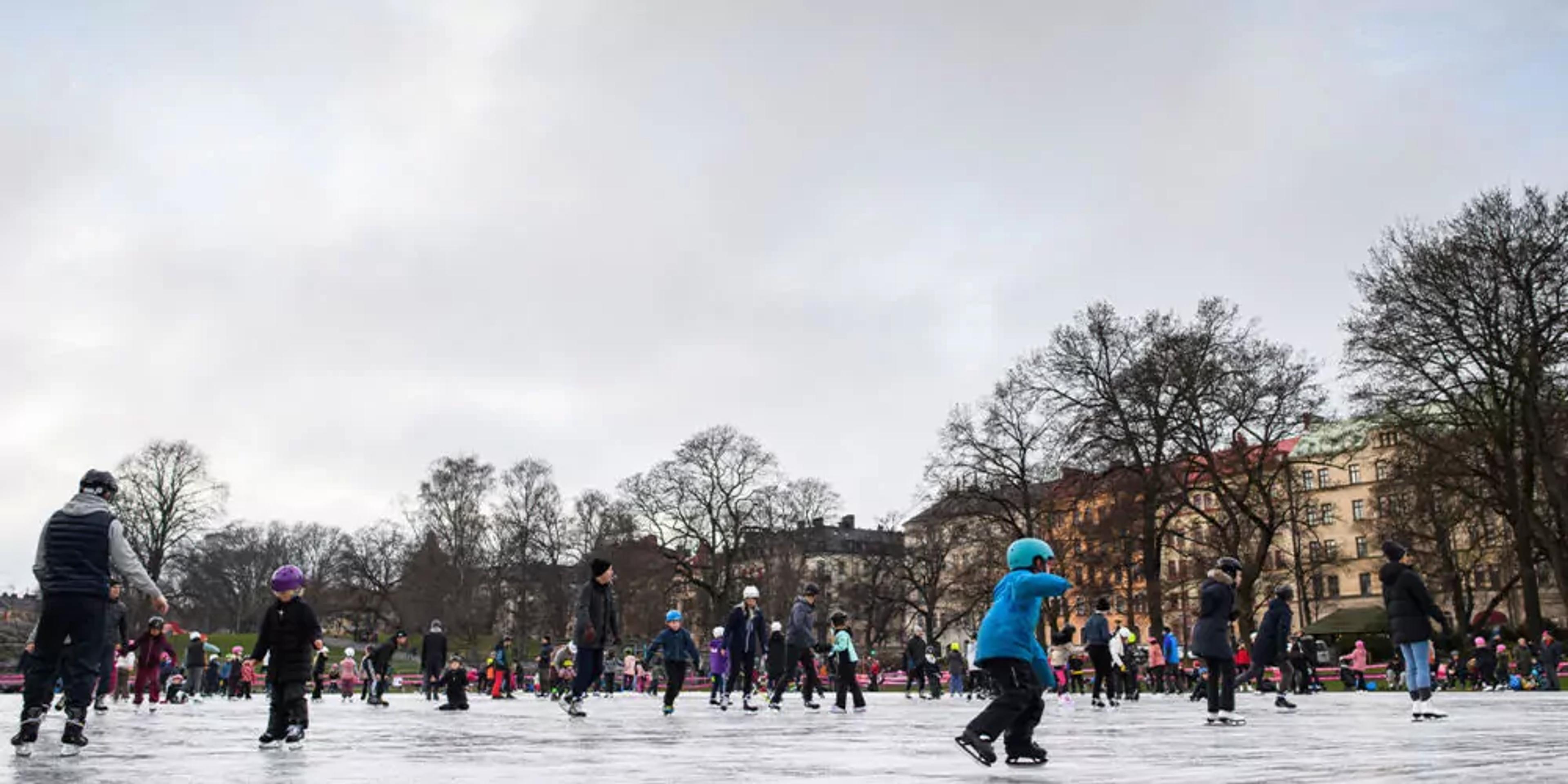 Många människor i olika åldrar åker skridskor tillsammans på en stor, isig yta i en park med träd och byggnader runtom. Vissa bär hjälm och vinterkläder för att hålla sig varma.