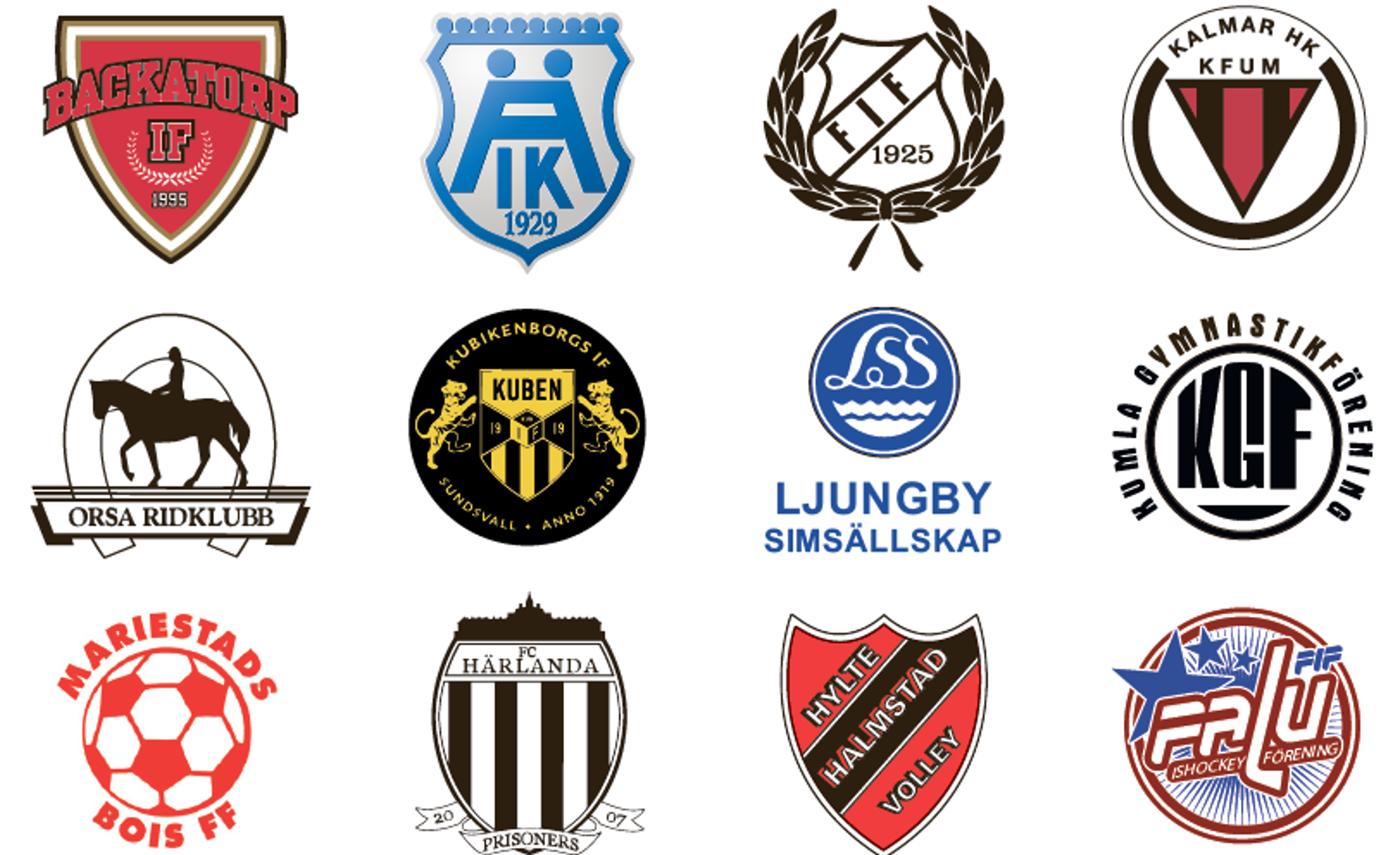 Tolv olika idrottsföreningars emblemlogotyper, var och en med unika färger och symboler som representerar respektive klubb.