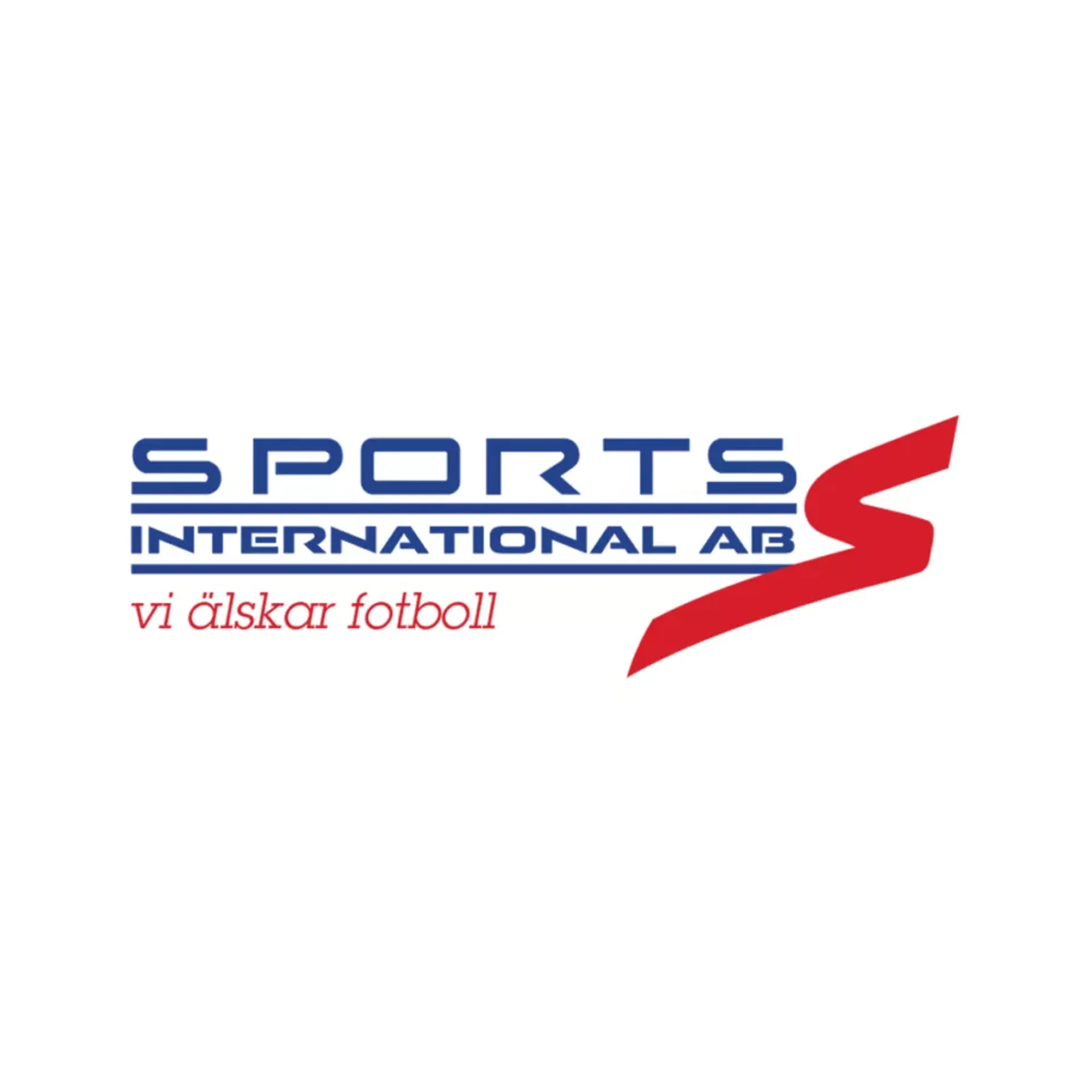 Logotyp med texten "SPORTS INTERNATIONAL AB" i blått och en rödfärgad form som liknar ett S, med sloganen "vi älskar fotboll" under.