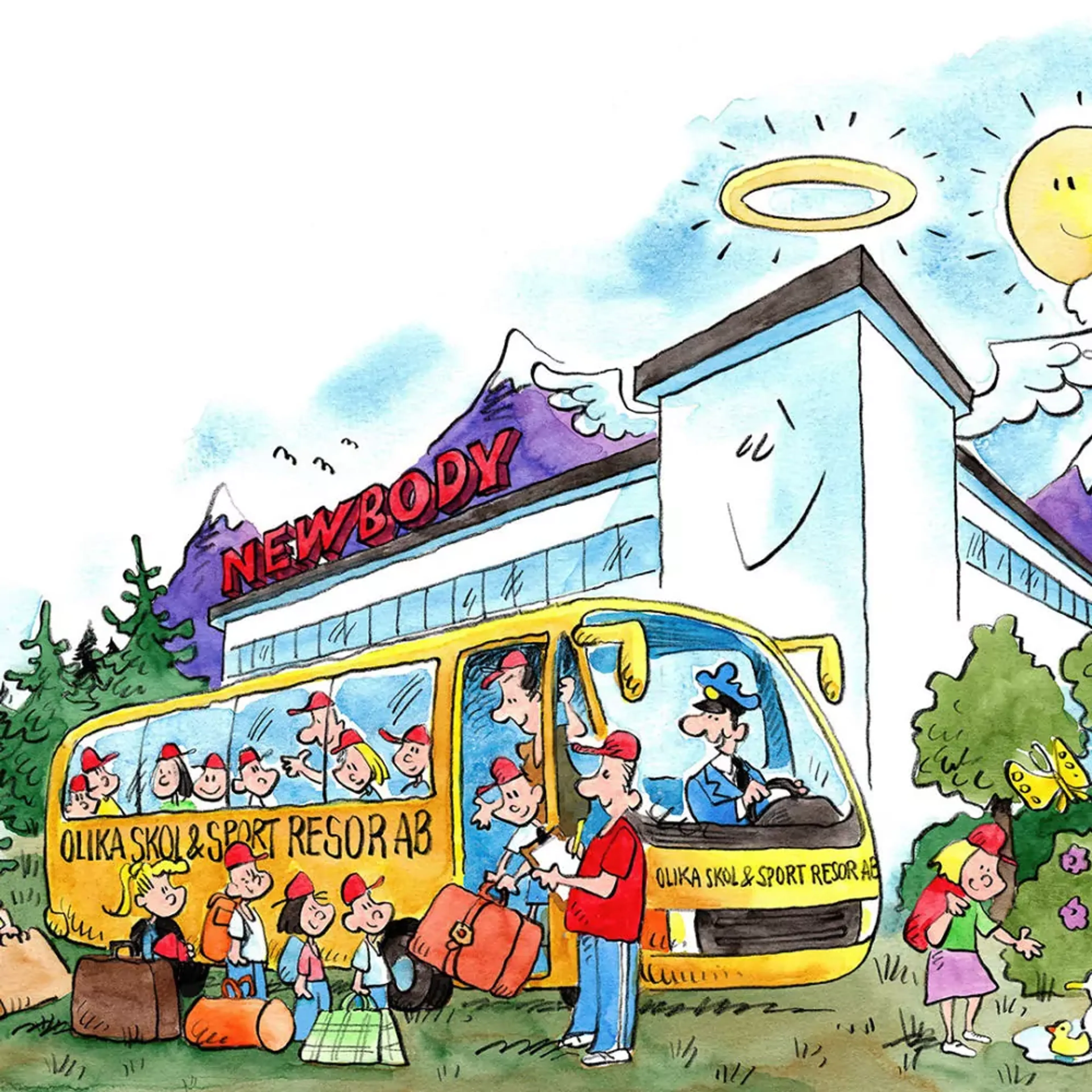 En tecknad buss fullpackad med glada resenärer och väskor står utanför en byggnad med texten "NEWBODY" på taket. Solen och byggnaden har änglavingar och gloria, och en flicka upptäcker en fjäril