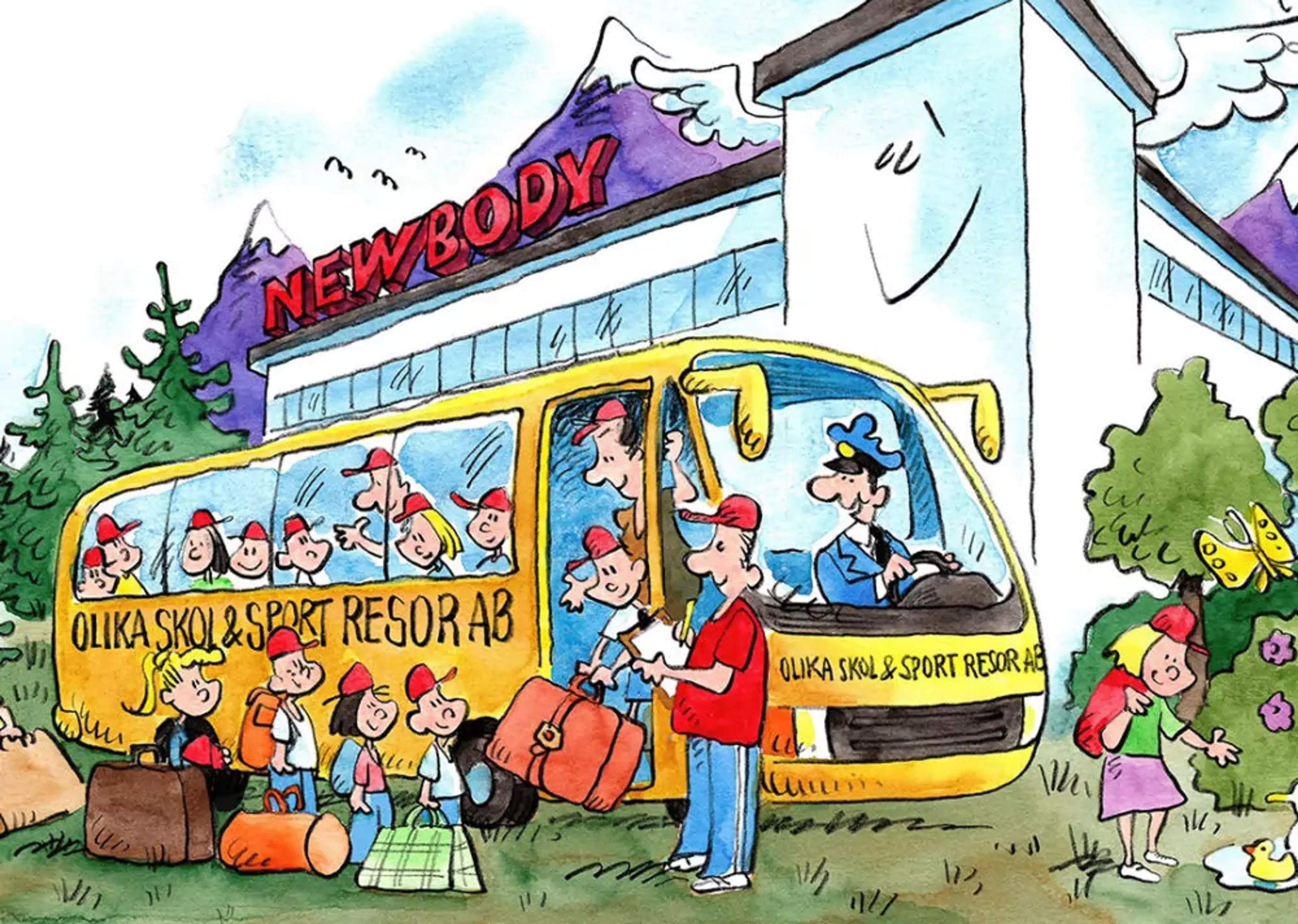 En tecknad buss fullpackad med glada resenärer och väskor står utanför en byggnad med texten "NEWBODY" på taket. Solen och byggnaden har änglavingar och gloria, och en flicka upptäcker en fjäril