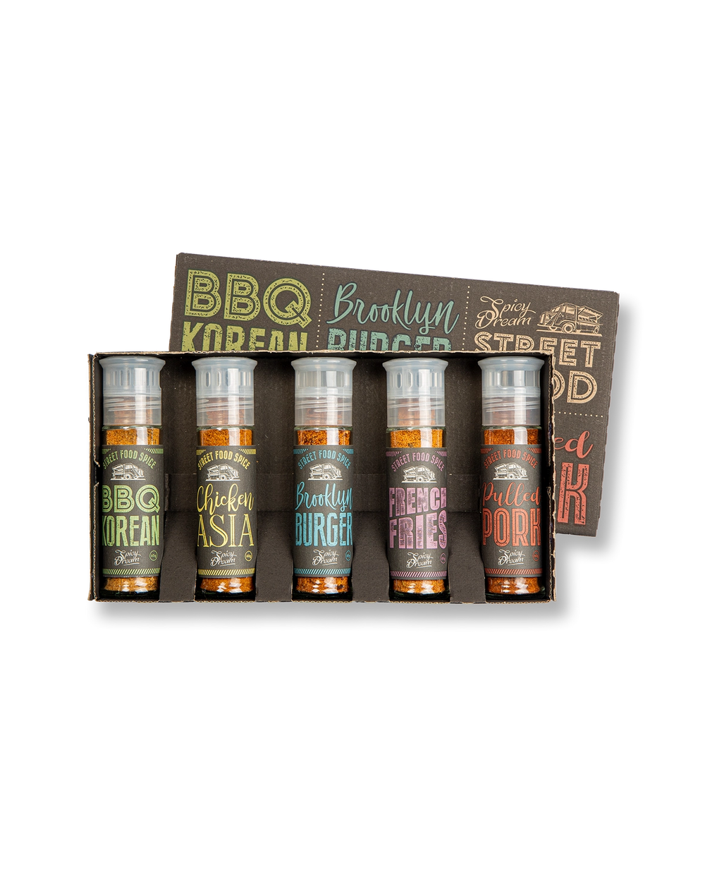 Ett set med fem kryddburkar för street food med smaker som BBQ Korean, Chicken Asia, Brooklyn Burger, French Fries och Pulled Pork, i färgglada etiketter och svart förpackning.