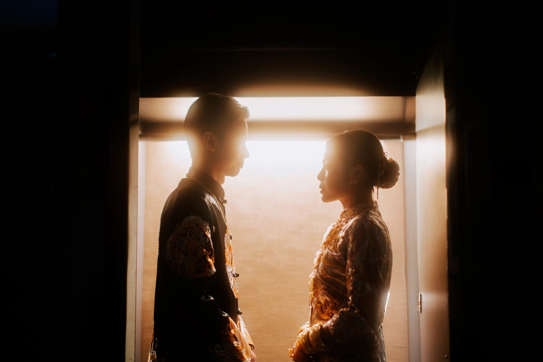 Newlyweds together at blue hour in Hong Kong
