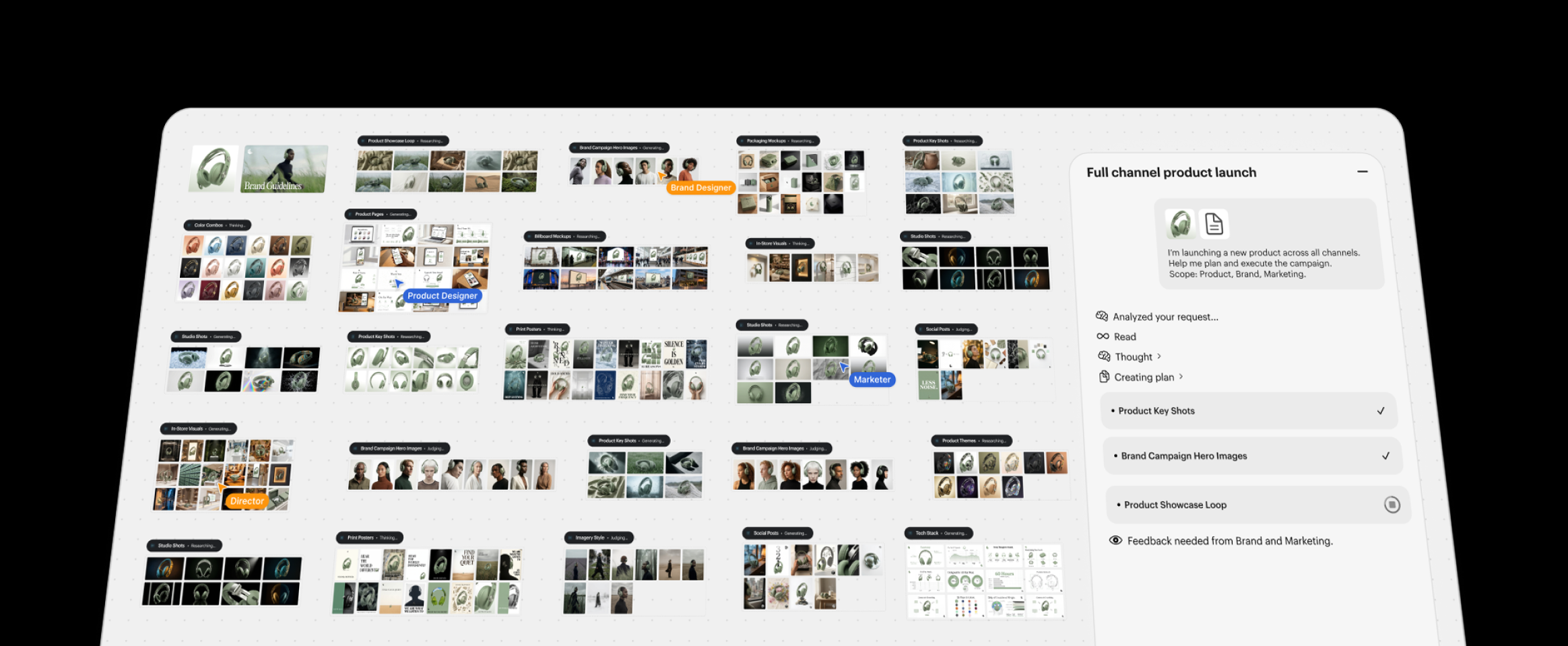 Official Luma product picture of the Luma Agents canvas showing a large grid of generated campaign assets beside an agent chat panel