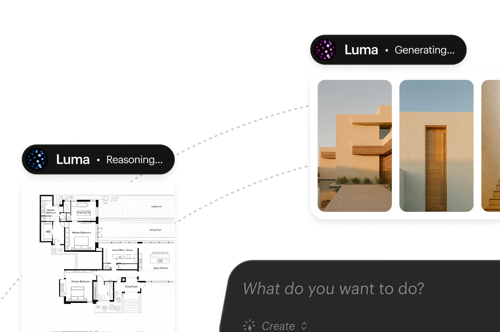 Luma Labs Dream Machine creative agents interface showing text-to-video generation with a prompt input and generated video preview