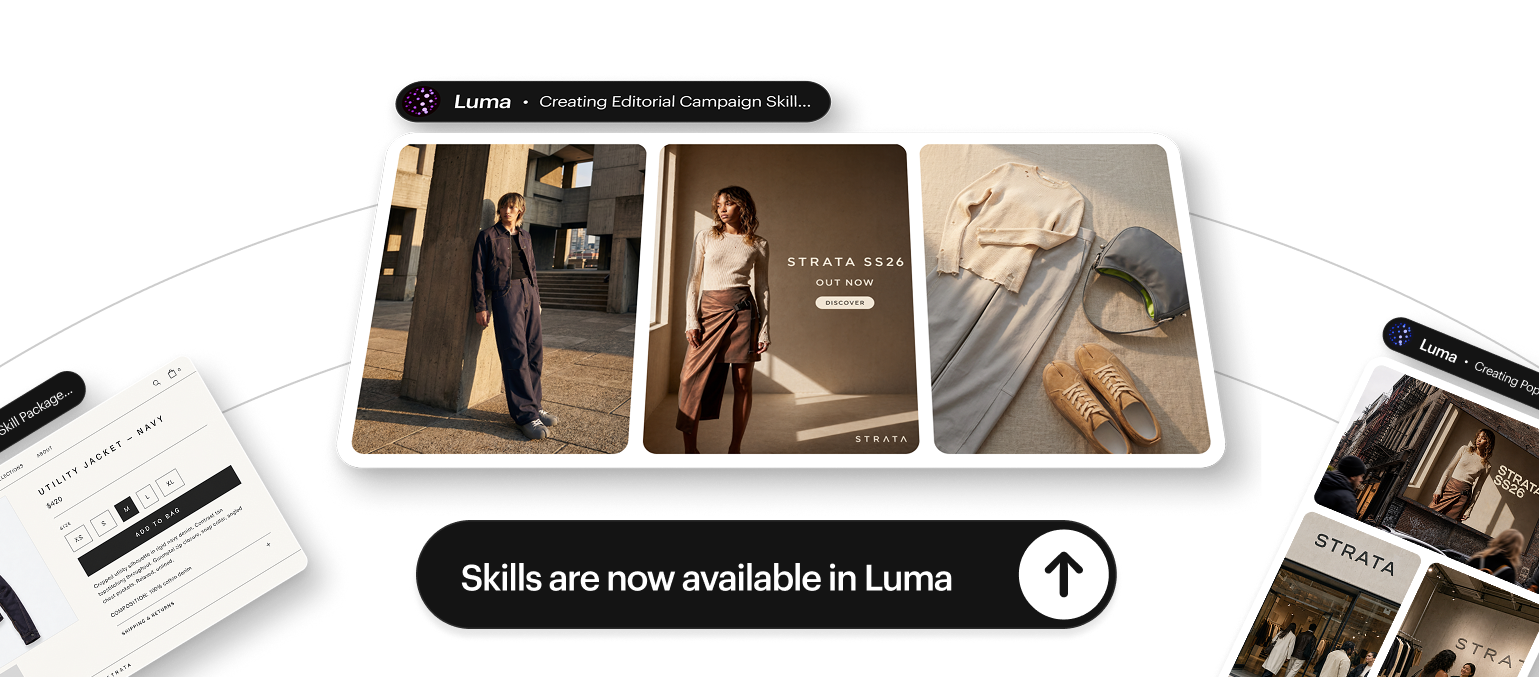Official Luma illustration for Skills now available in Luma showing an editorial campaign skill generating fashion images