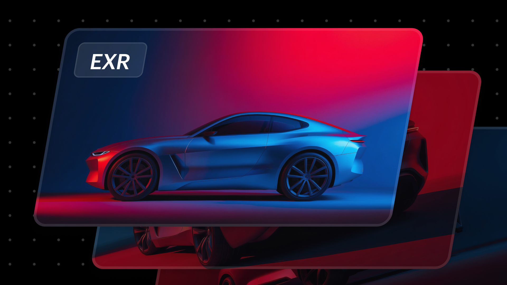 Official Luma Ray3.2 launch graphic showing a blue and red car on EXR layered cards