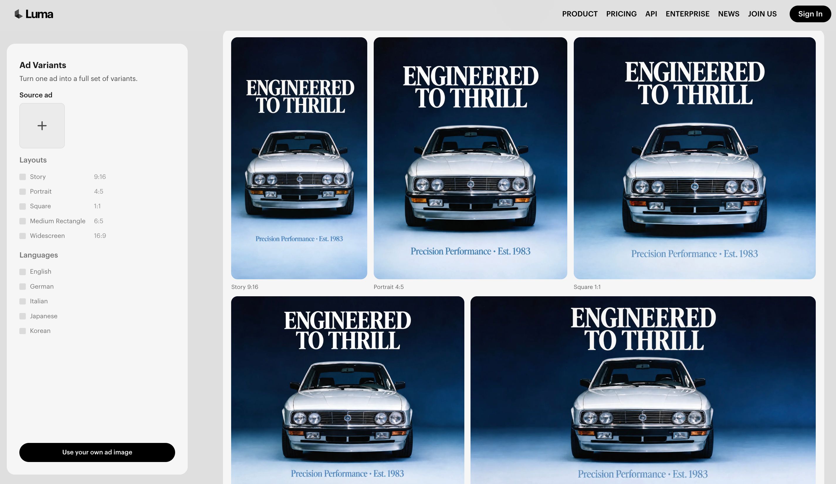 Luma web app screenshot from the Luma Variants announcement showing an Ad Variants panel and five versions of a vintage car advertisement