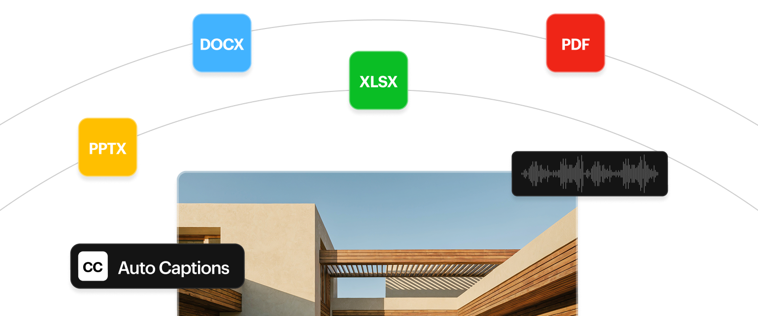 Official Luma illustration of file formats DOCX XLSX PPTX PDF and auto captions around a generated architectural image
