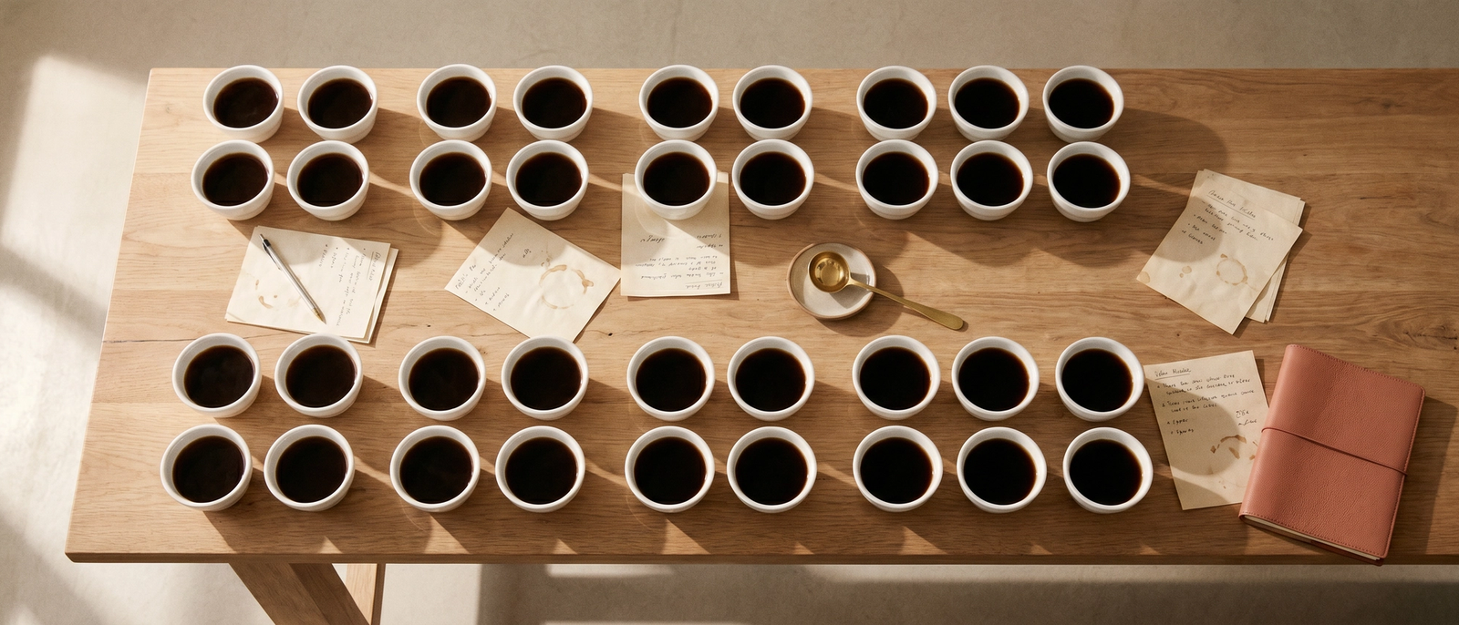 Coffee cupping bowls laid out for blind judging at an Australian roasting competition