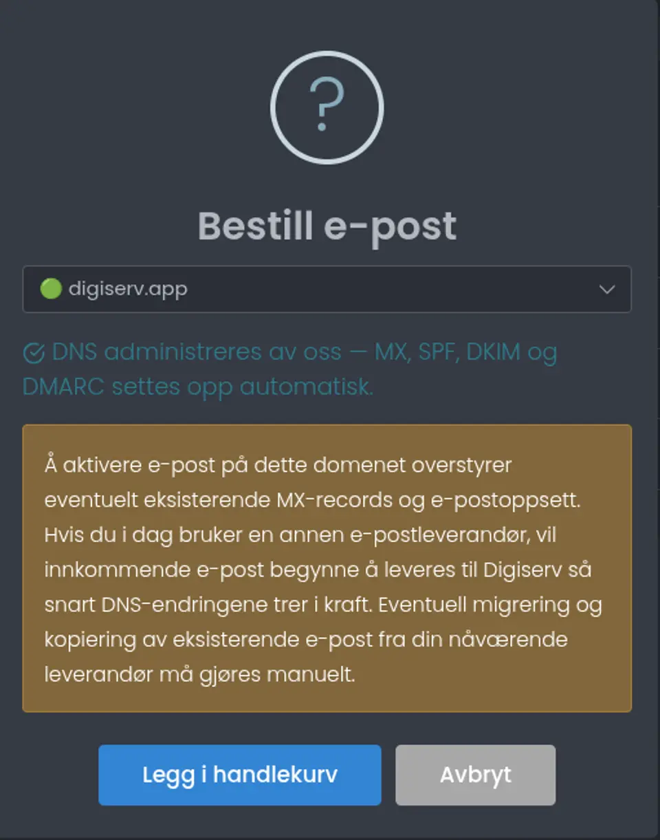 Dialog der man velger hvilket domene e-posten skal aktiveres på, med automatisk DNS-oppsett