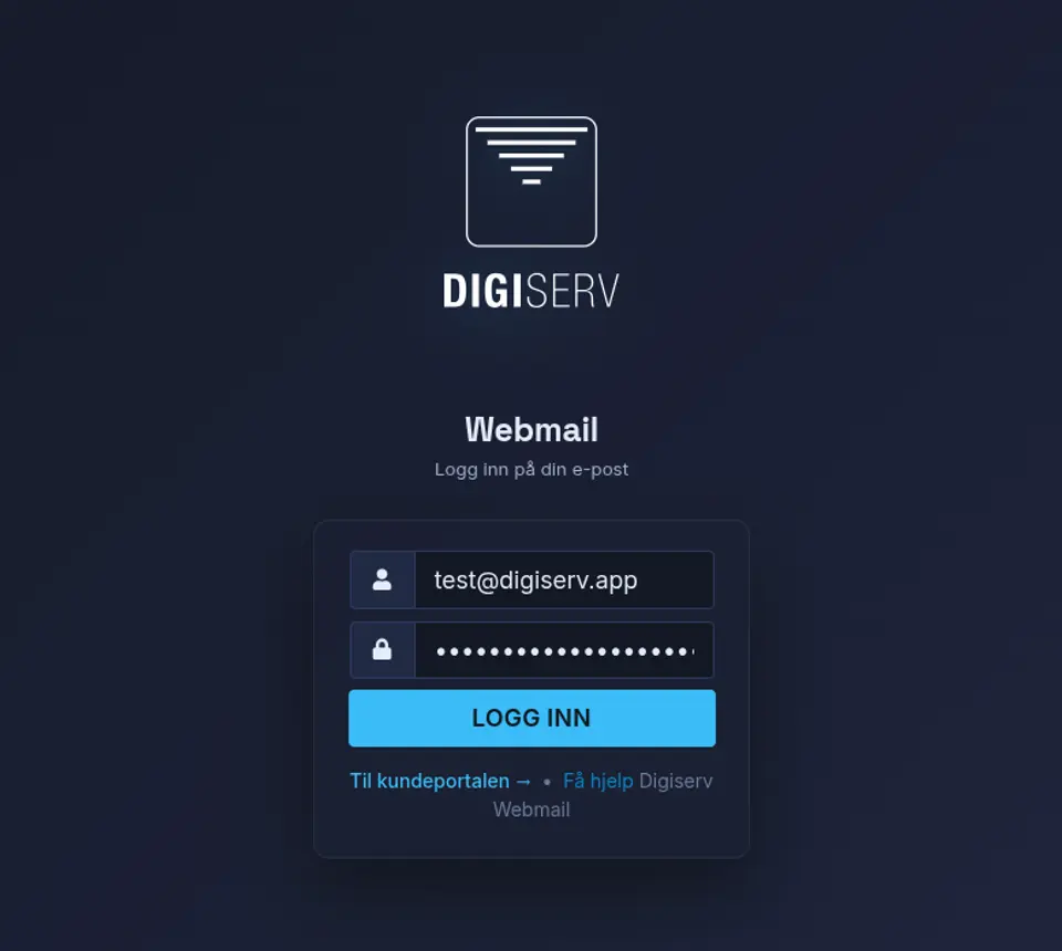 Innloggingsskjermen til webmail.digiserv.no med felter for e-postadresse og passord