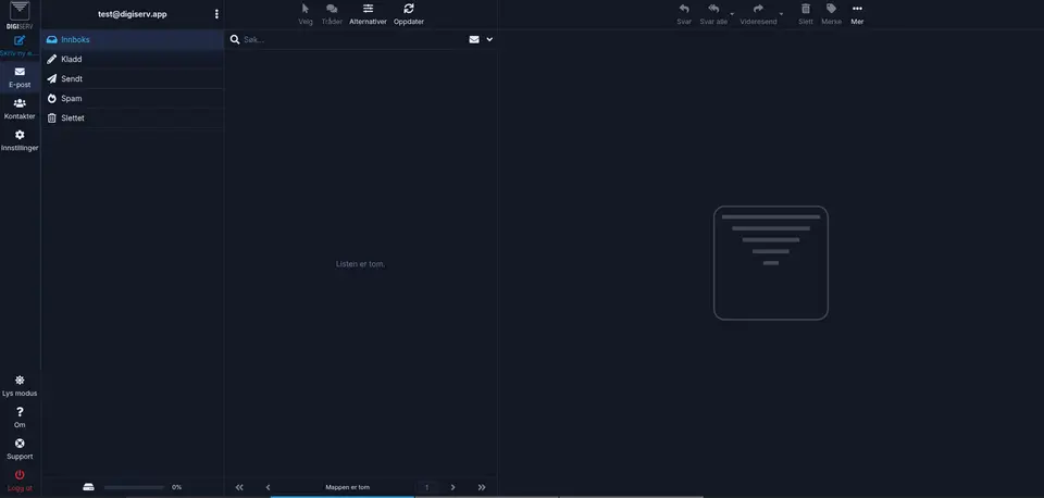 Innloggede webmail-grensesnittet med innboks, mapper og verktøylinje