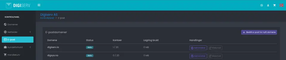 E-post-fanen i Digiserv-kontrollpanelet med knappen Bestill e-post for nytt domene øverst til høyre