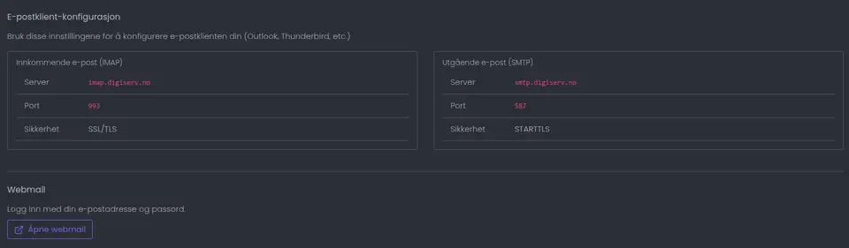 Innstillinger-fanen viser IMAP- og SMTP-server, port og sikkerhet, samt en lenke til webmail