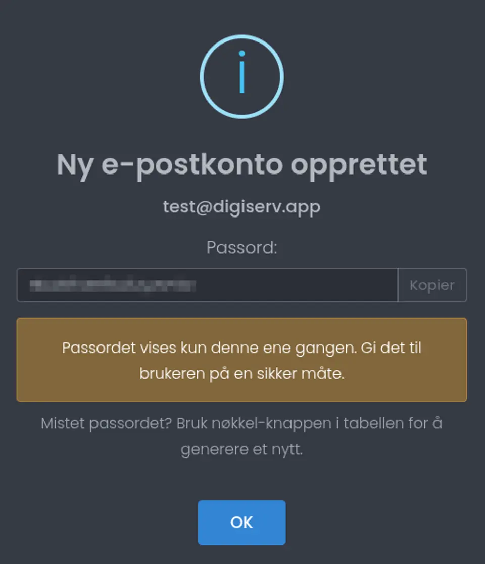 Passordet vises kun denne ene gangen og må kopieres til et trygt sted