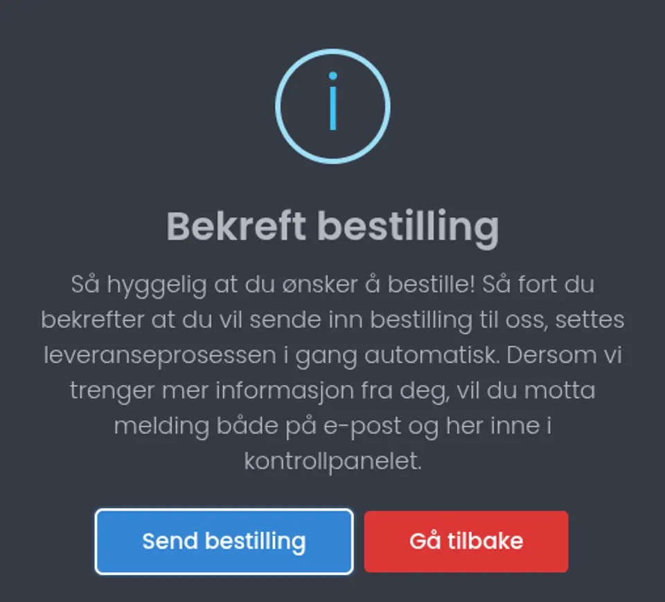 Dialog som ber om bekreftelse før bestillingen sendes inn