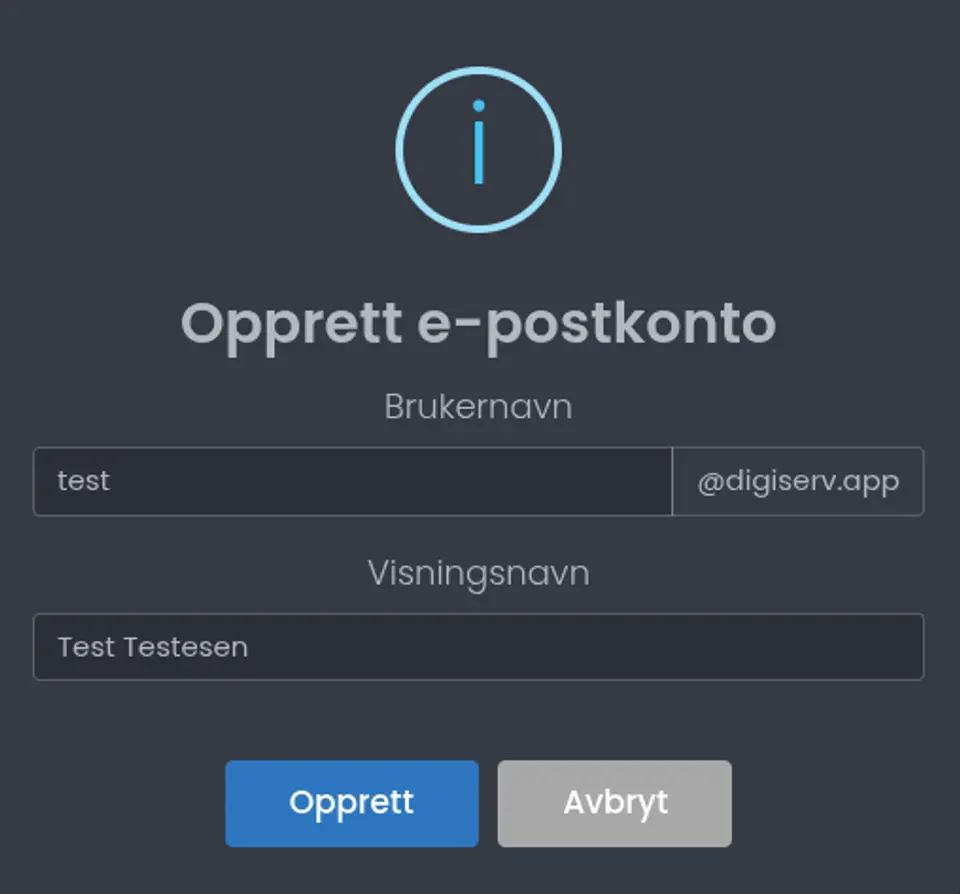 Dialog der man fyller inn brukernavn og visningsnavn for den nye e-postkontoen