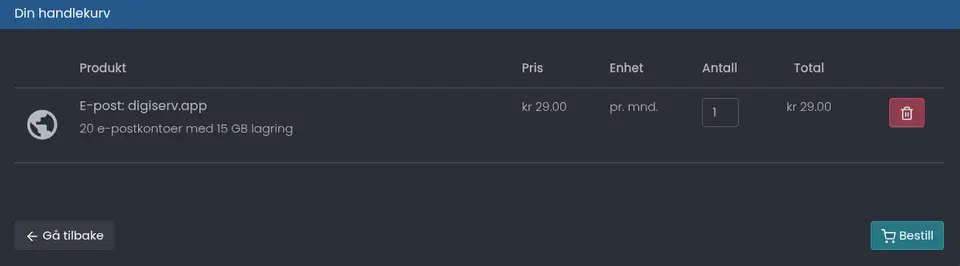 Handlekurven viser e-postproduktet for det valgte domenet med pris per måned